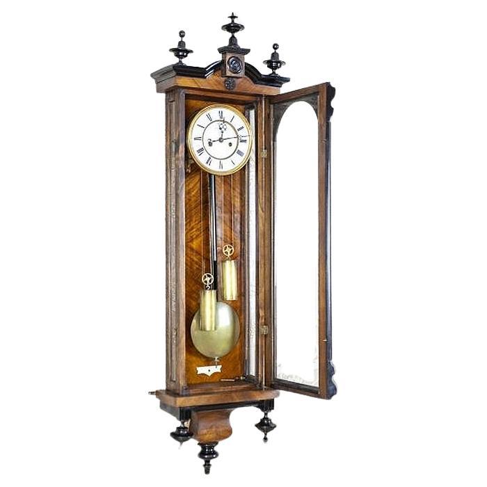 Late-19th Century Wall Clock with Brass Elements in Walnut Case For Sale