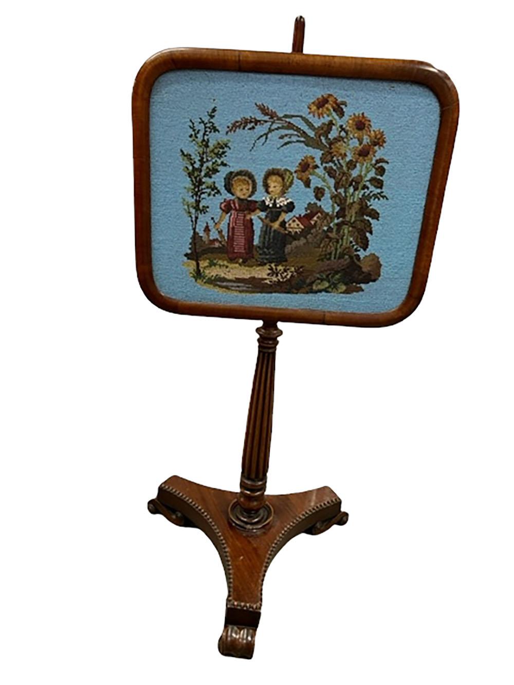Late 19th Century Walnut and Beaded Fire Screen with Petit Point Faces For Sale 3