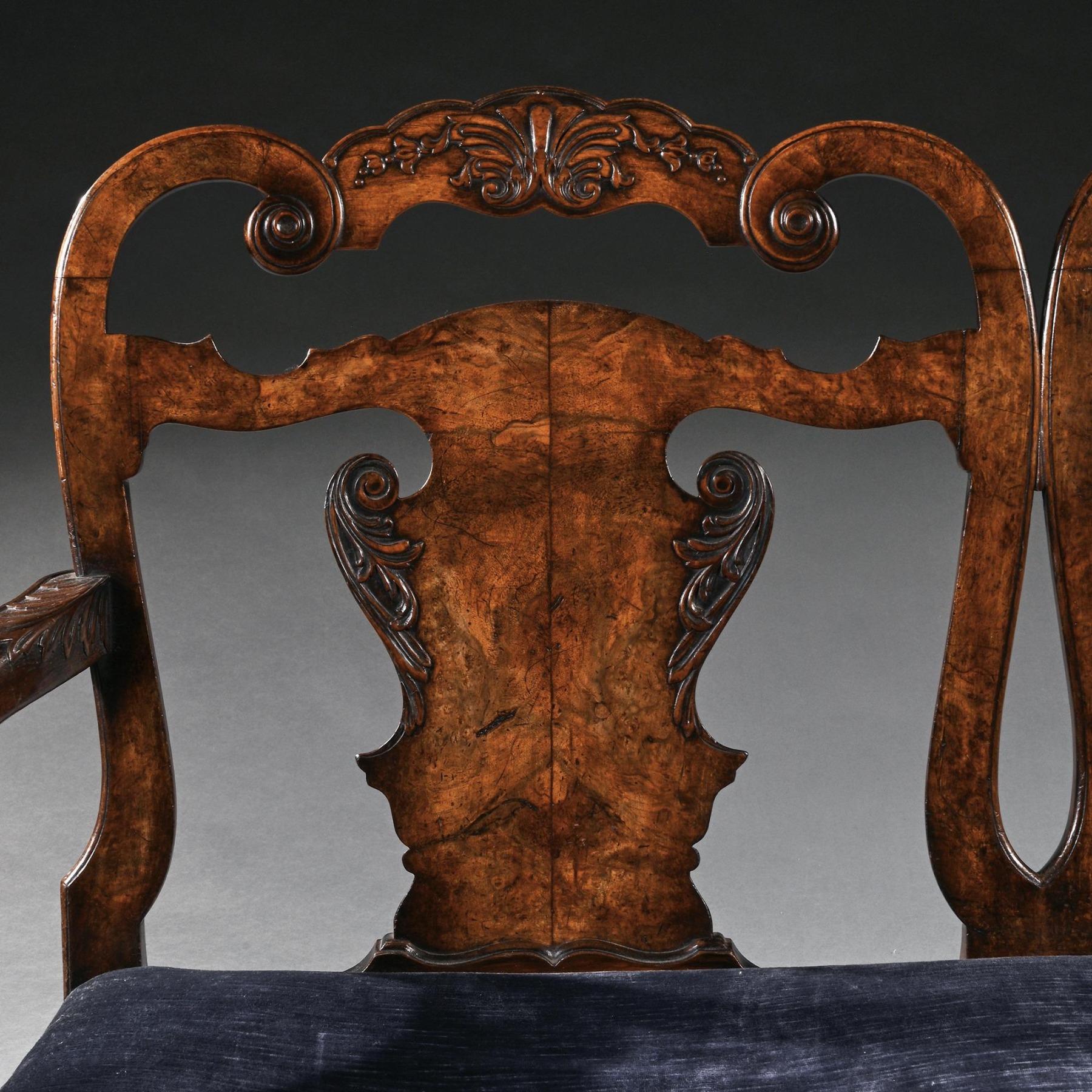 English Late 19th Century Walnut Twin Chair Back Sofa After A George II Design