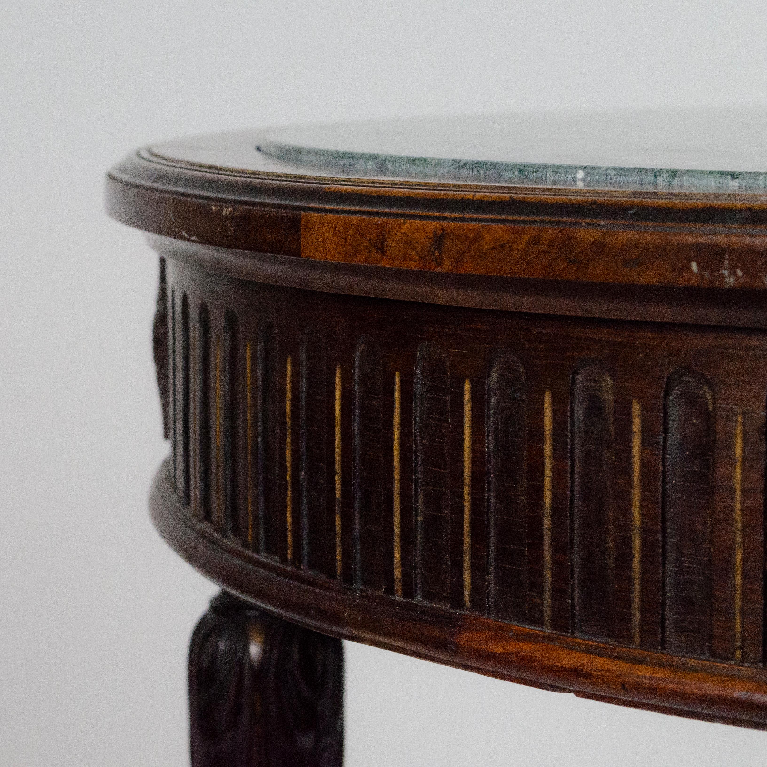 French Late 19th Century Walnut Wood Rounded Green Marble Gueridon Small Table