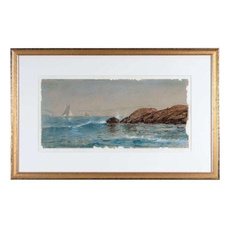 Glass Late 19th Century Watercolor of Sail Boats off the Coast of Maine