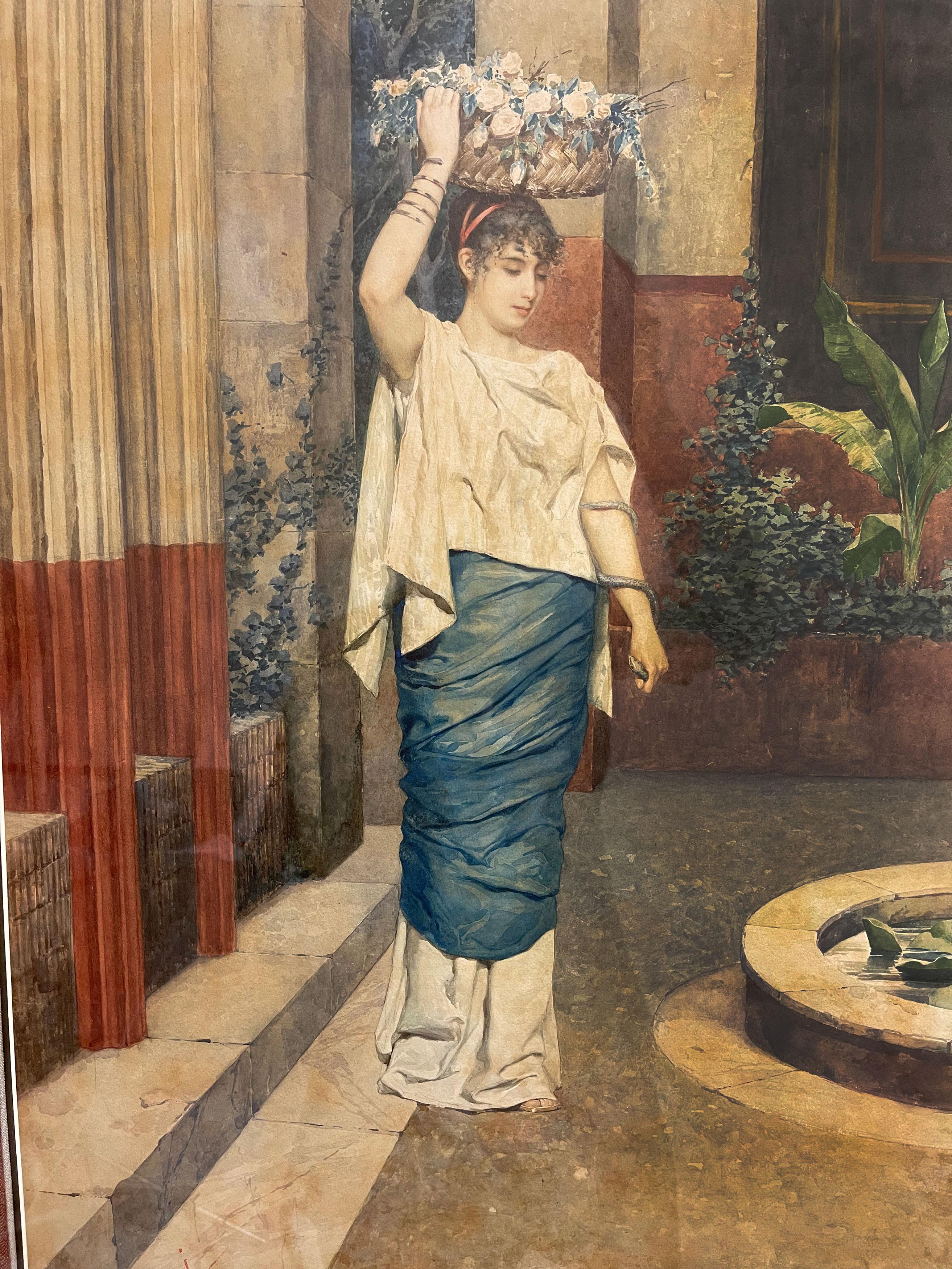Baroque Revival Late 19th Century Watercolor Painting of a Flower Gatherer by Pietro Gabrini For Sale