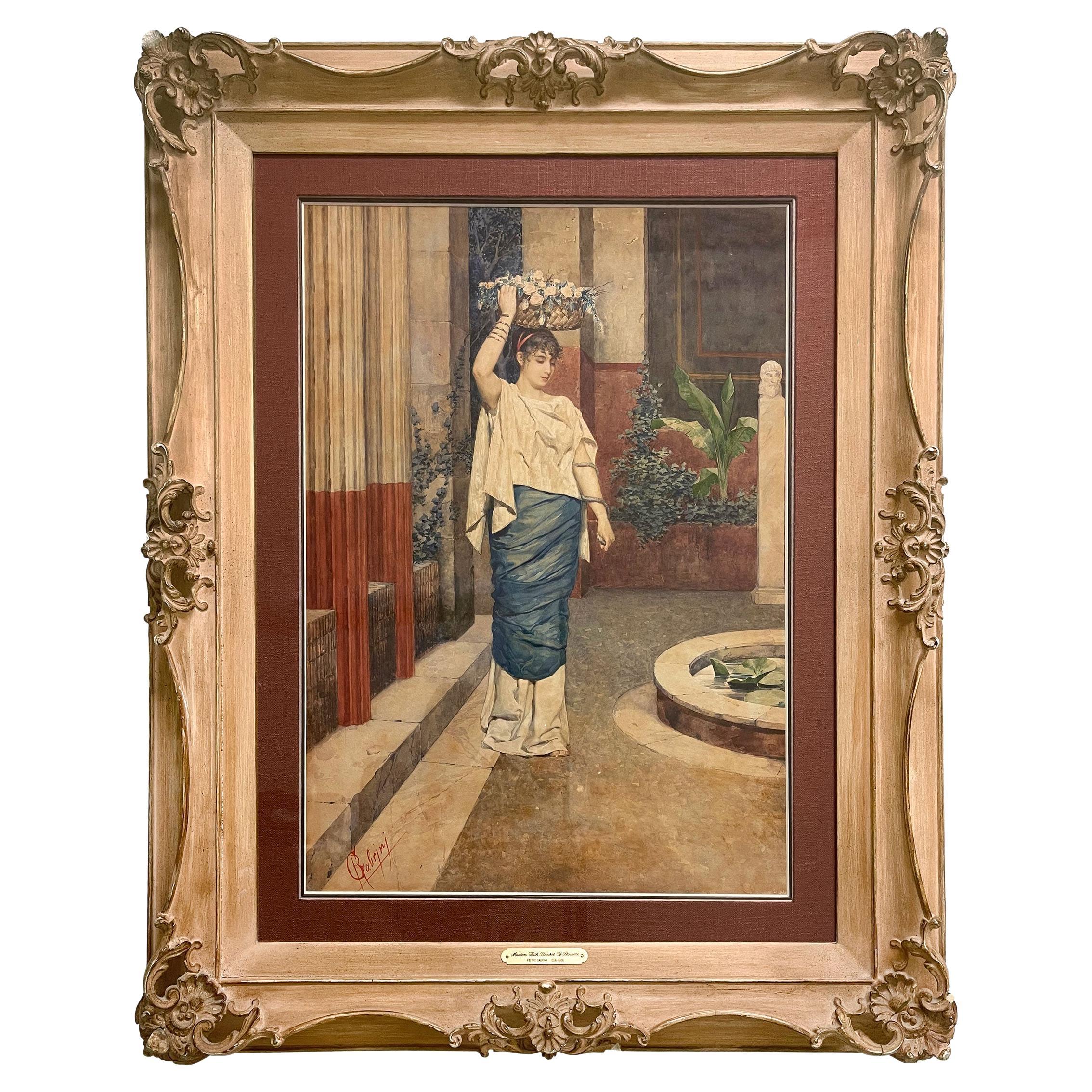 Late 19th Century Watercolor Painting of a Flower Gatherer by Pietro Gabrini For Sale