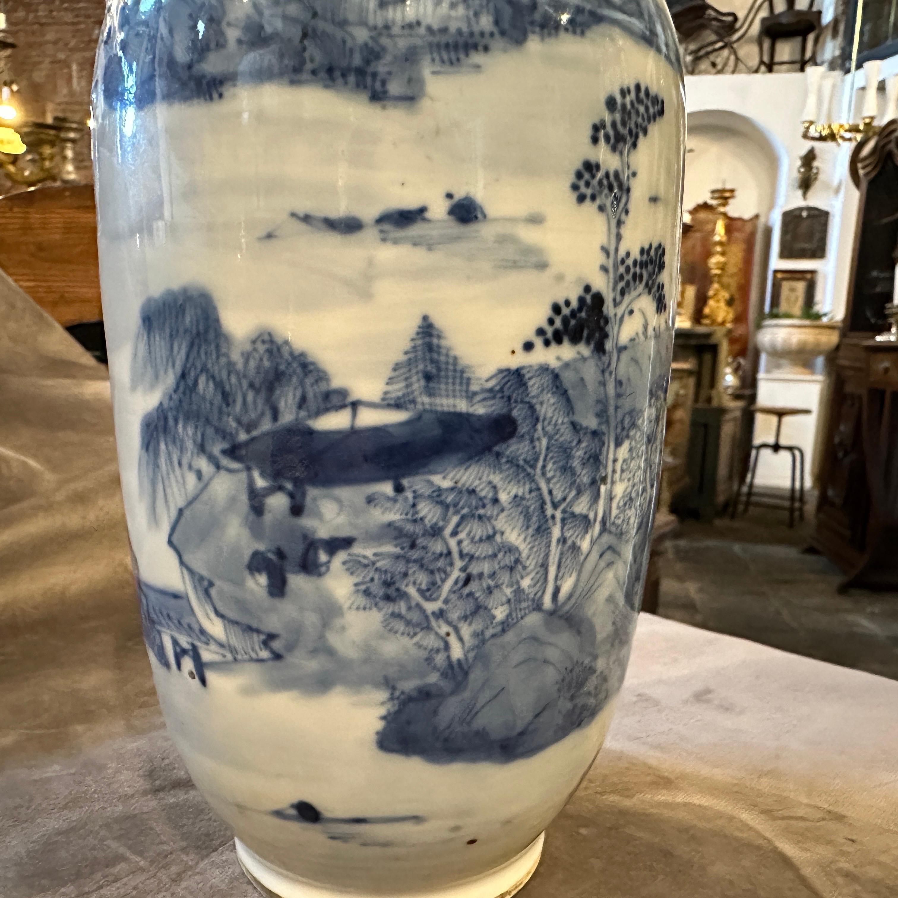 Hand-Painted Late 19th Century White and Blue Ceramic Chinese Vase