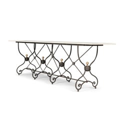 Late 19th Century White Marble Top Table on Scrolled Iron Base