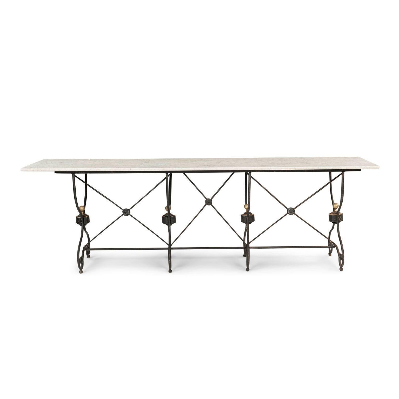 French Late 19th Century White Marble Top Table on Scrolled Iron Base For Sale