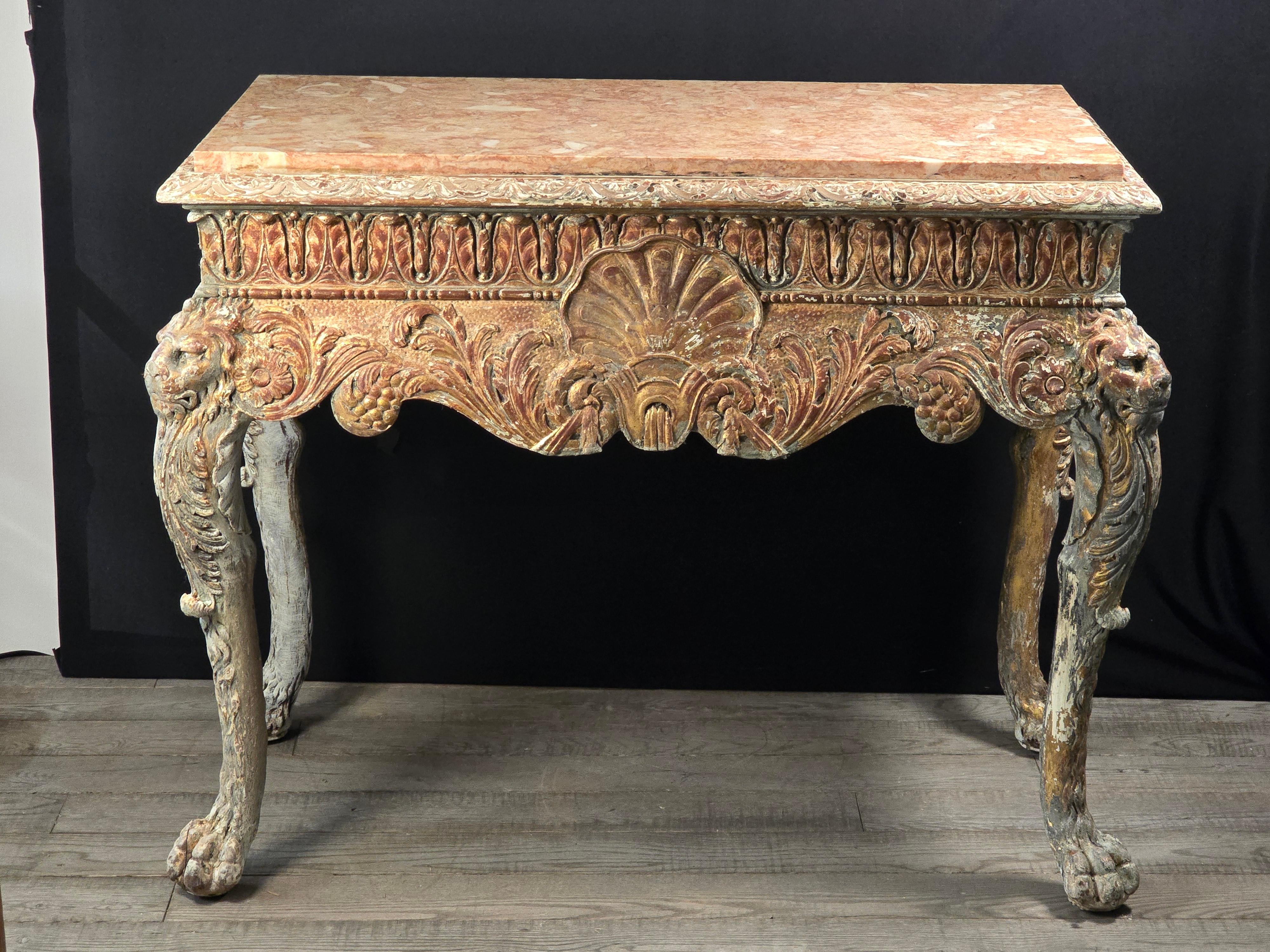 Irlandese Tavolo consolle in legno dorato in stile William Kent della fine del XIX secolo con piano in marmo in vendita