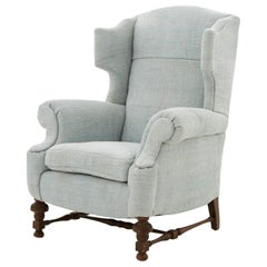 Late 19th Century Wingback Chair Upholstered in Light Blue Hemp Rug