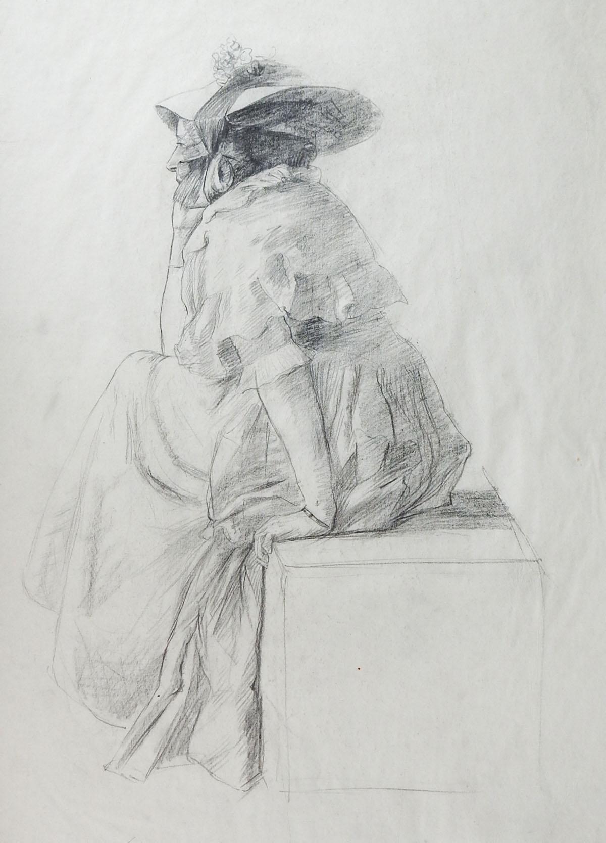 Pencil on thin paper study of seated woman in bonnet.  Late 19th century, unsigned.  Unframed, minor smudging.
