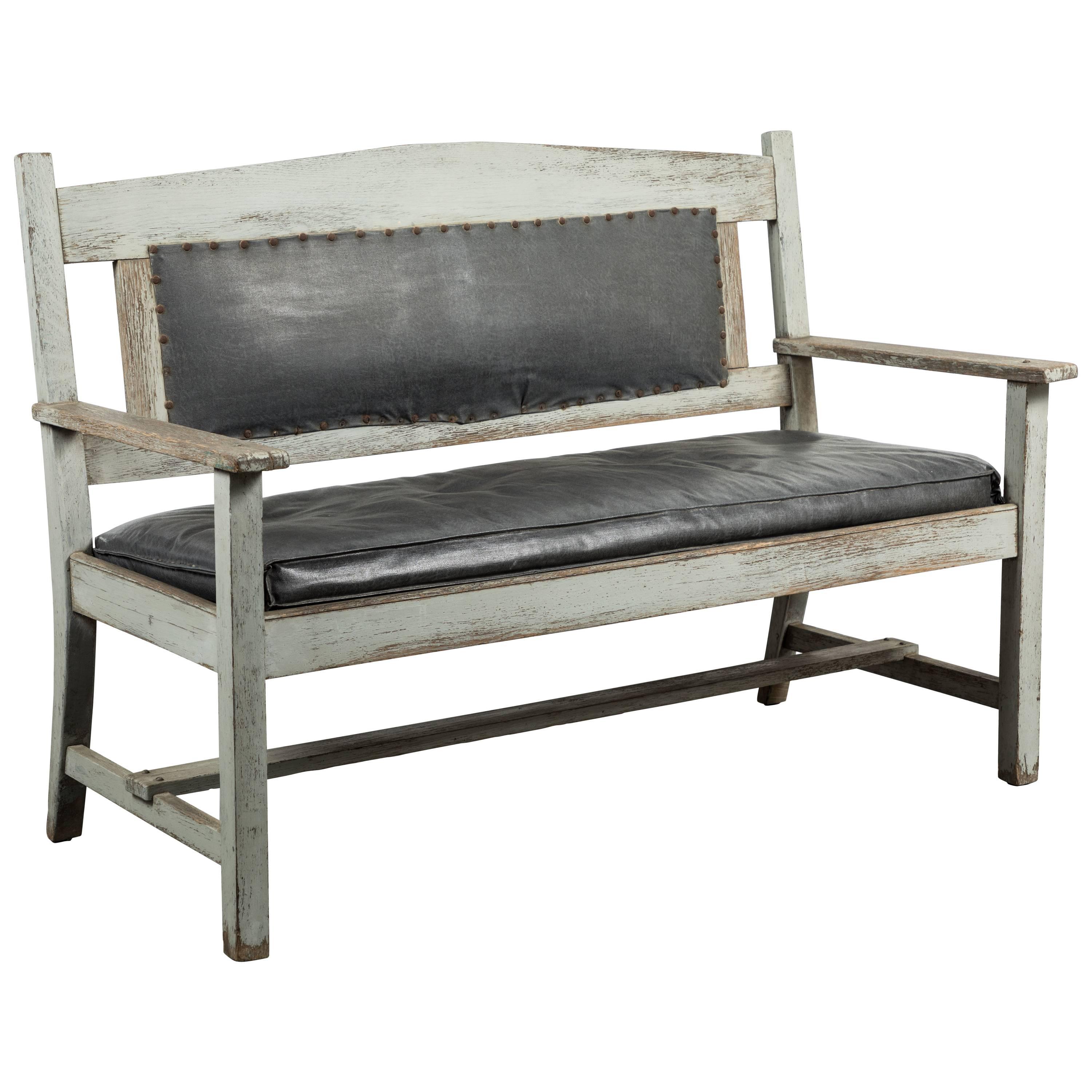 Late 19th Century Wood and Leather Seat Railroad Station Bench