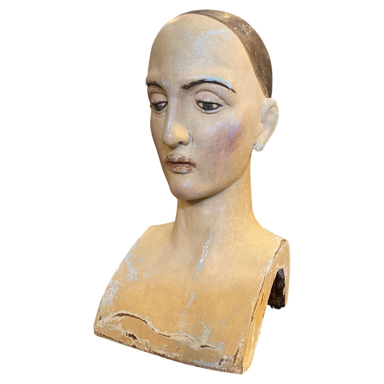 Late 19th Century Wood Painted Italian Bust of a Woman For Sale at 1stDibs