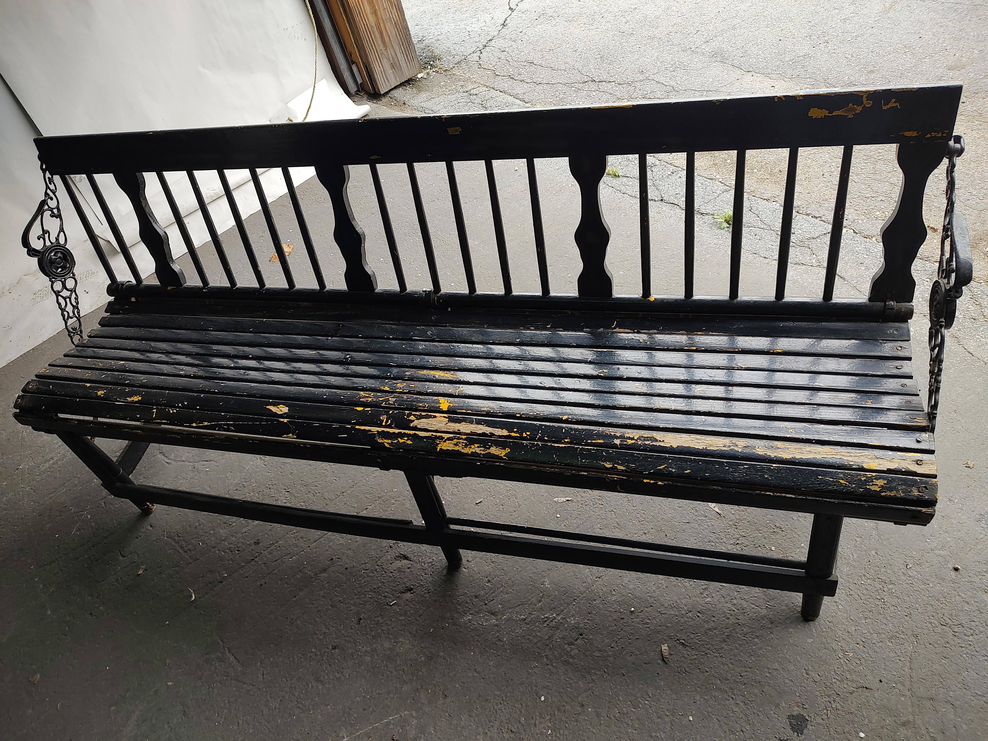 Industrial Late 19th Century Wooden Foldup Train Station Bench Seat For Sale