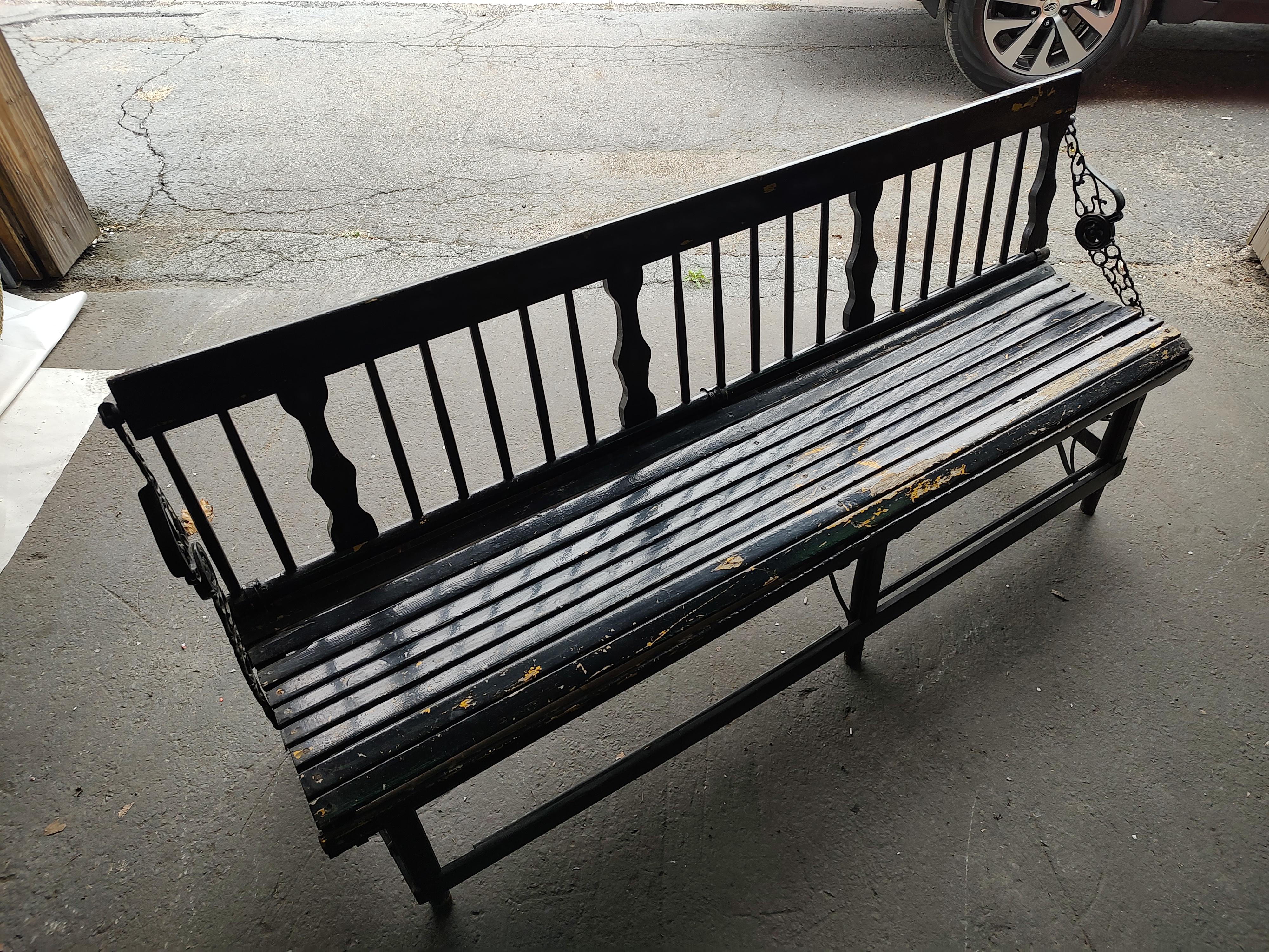 Iron Late 19th Century Wooden Foldup Train Station Bench Seat For Sale