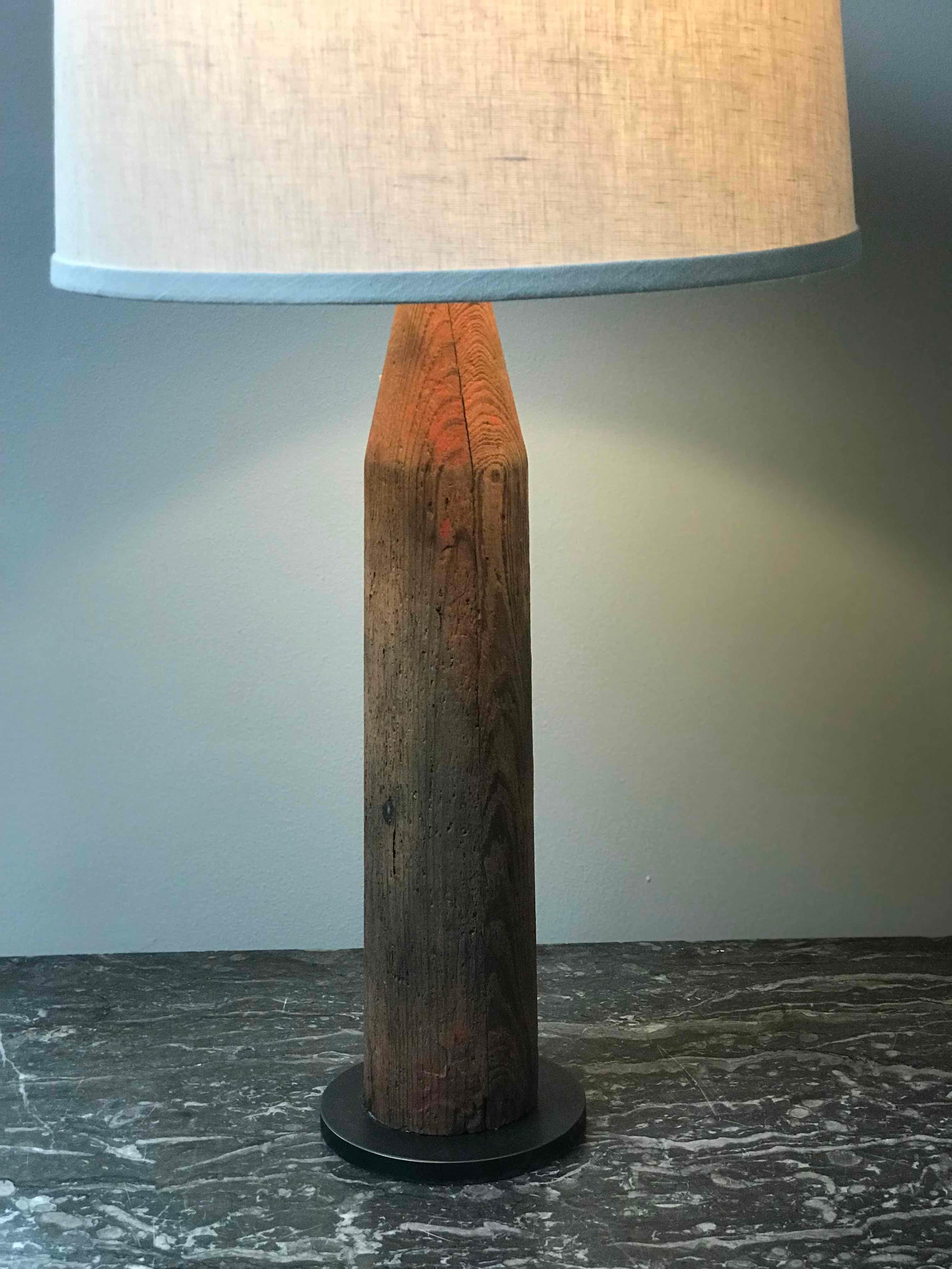 Late 19th century wooden foundry lamp from Belgium with custom shade. 