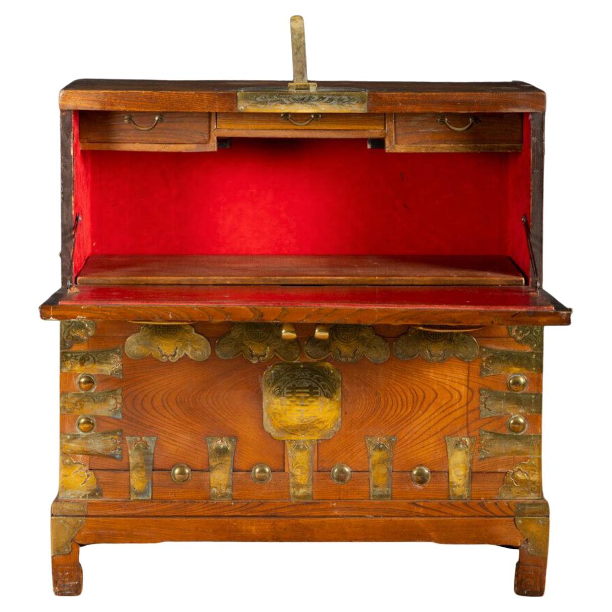 Late 19th Century Wooden Secretary with Brass Fittings and Decorations For Sale