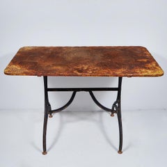 Late 19th Century Yellow Garden Table with Natural Patina on Iron Trestle Base
