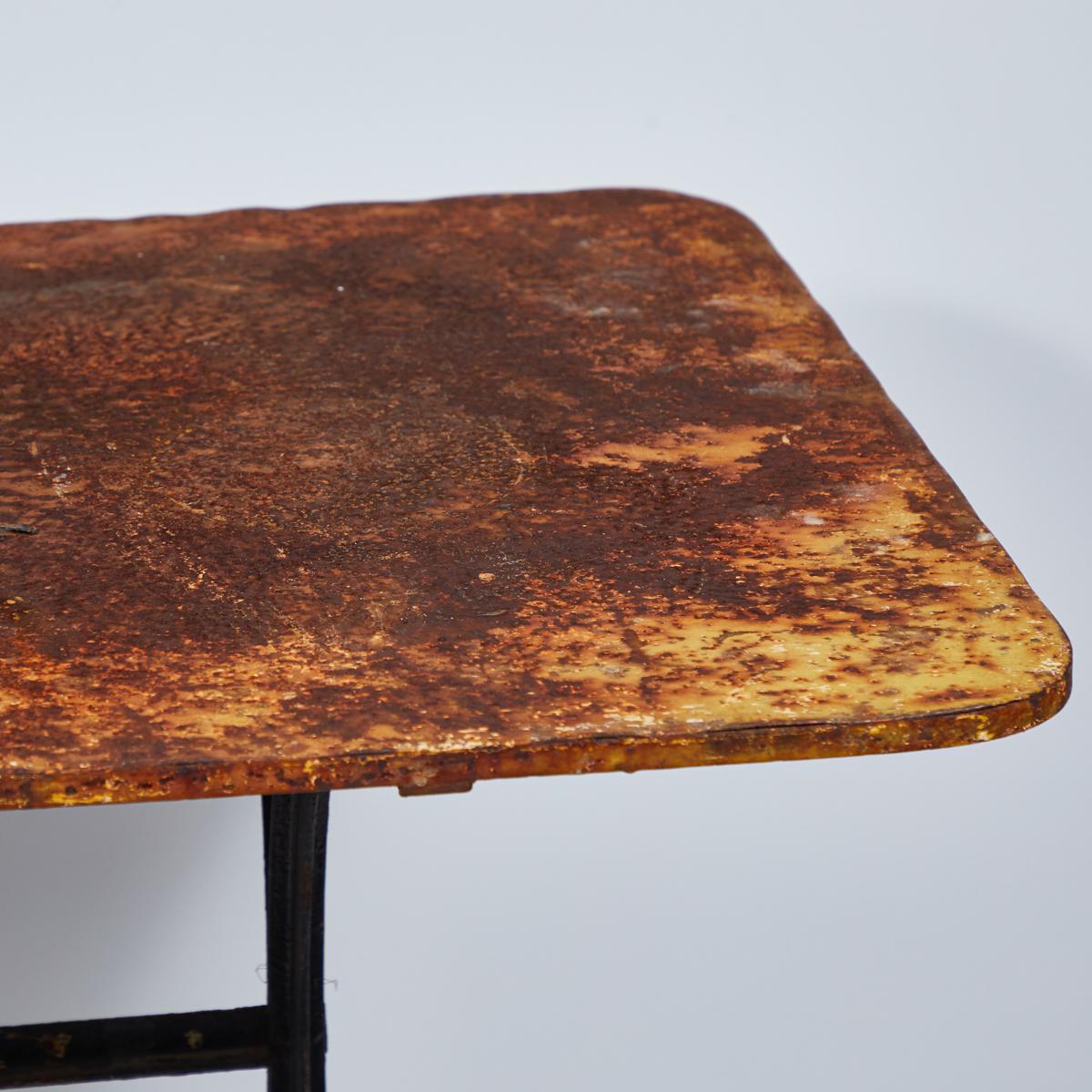 Late Victorian Late 19th Century Yellow Garden Table with Natural Patina on Iron Trestle Base For Sale