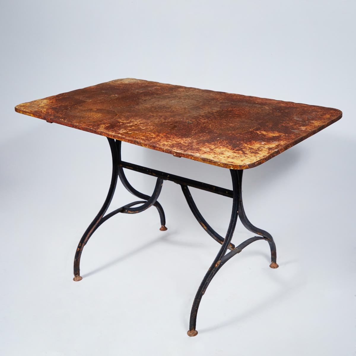French Late 19th Century Yellow Garden Table with Natural Patina on Iron Trestle Base For Sale