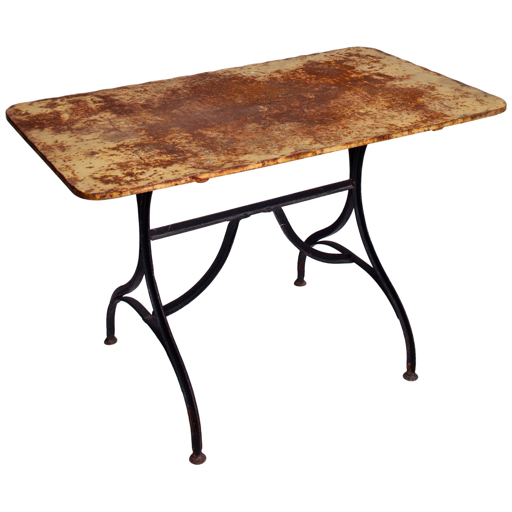 Late 19th Century Yellow Garden Table with Natural Patina on Iron Trestle Base For Sale