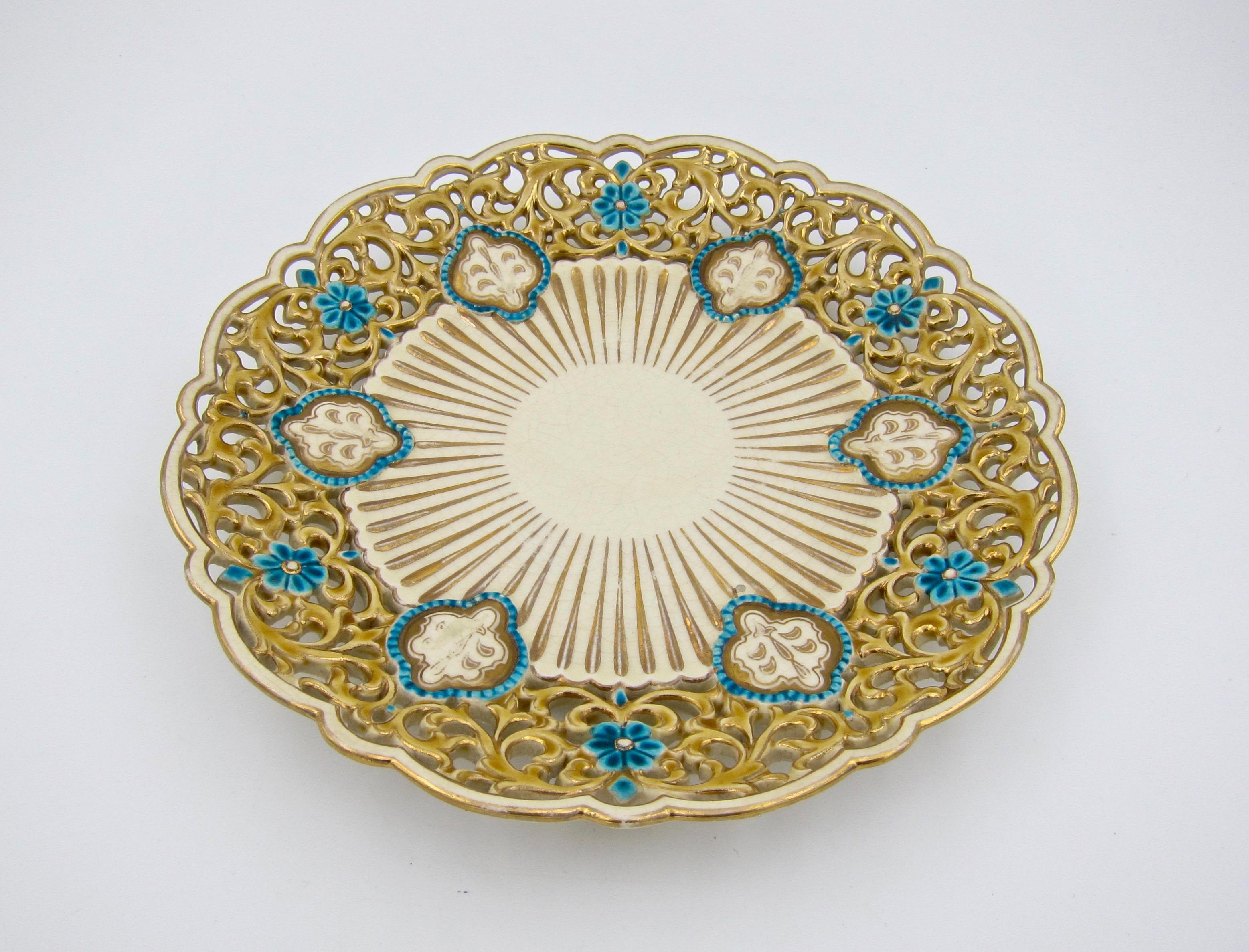 Victorian Late 19th Century Zsolnay Pecs Reticulated Polychrome Plate