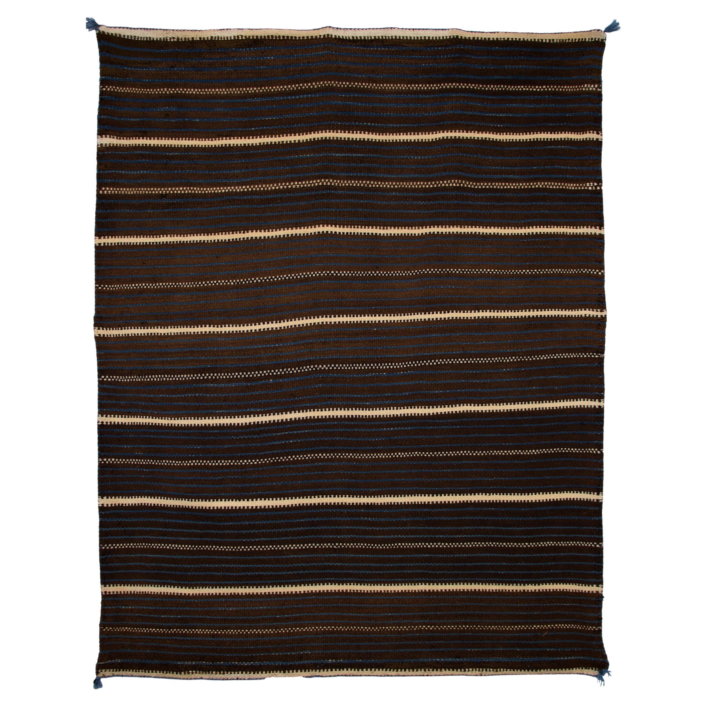 Antique Zuni Pueblo Native American Wool Blanket Moki Pattern, Brown Blue White
