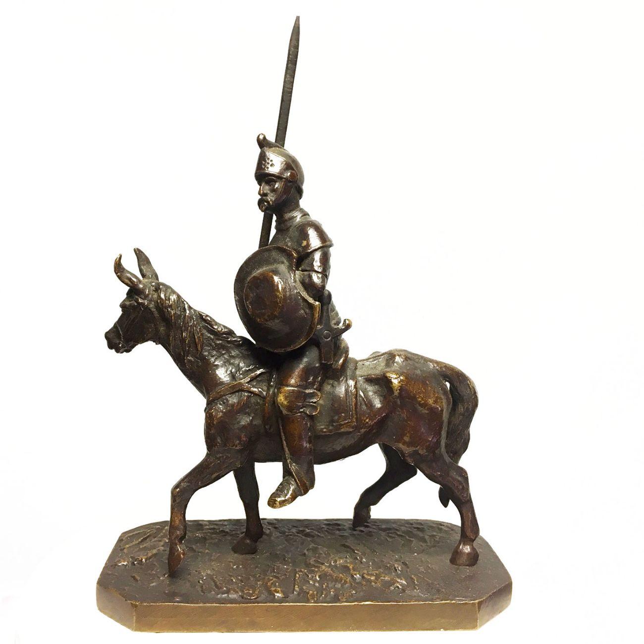 Don Quixote and Sancho Panza in bronze pair by Fratin at the end of the XIXth century characters from the famous novel by Cervantes each riding their proud Rossinante and Rucio mount. Height dimension Don Quixote 17 cm (We think the spike has been