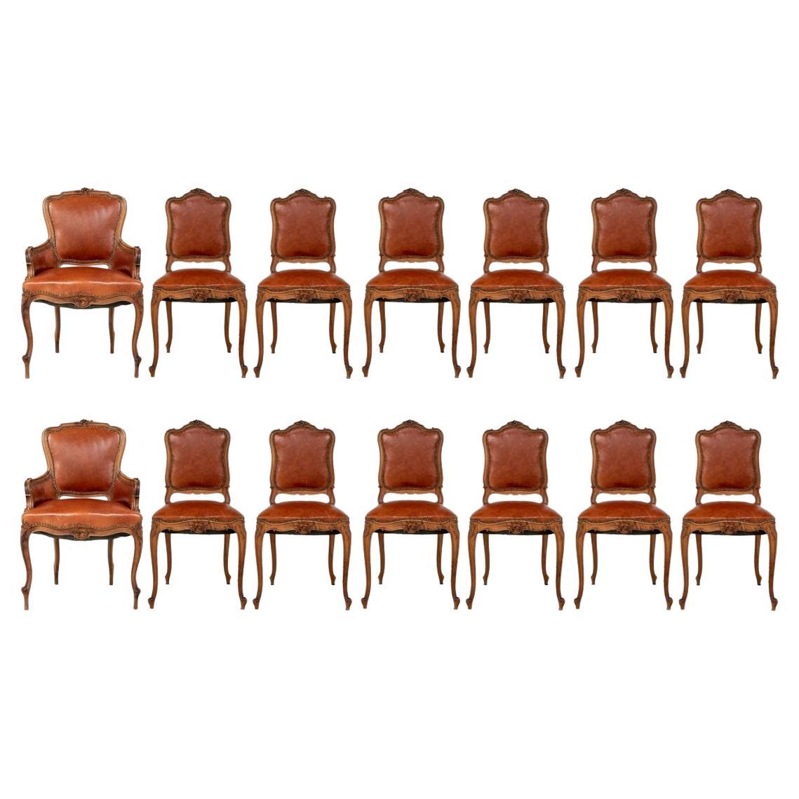 Late 19th-Early 20th C. Set of 14 French Leather Upholstered Dining Chairs