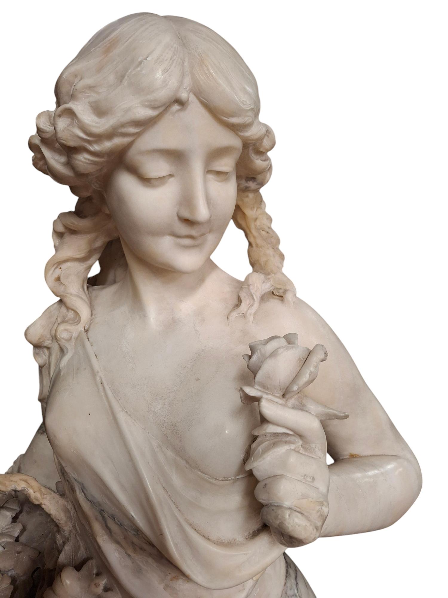 Splendida statua in alabastro raffigurante una fanciulla che vende fiori nello stile di Ada Cipriani.
Fine XIX-inizio XX secolo - Francia
Nessuna firma visibile 

16