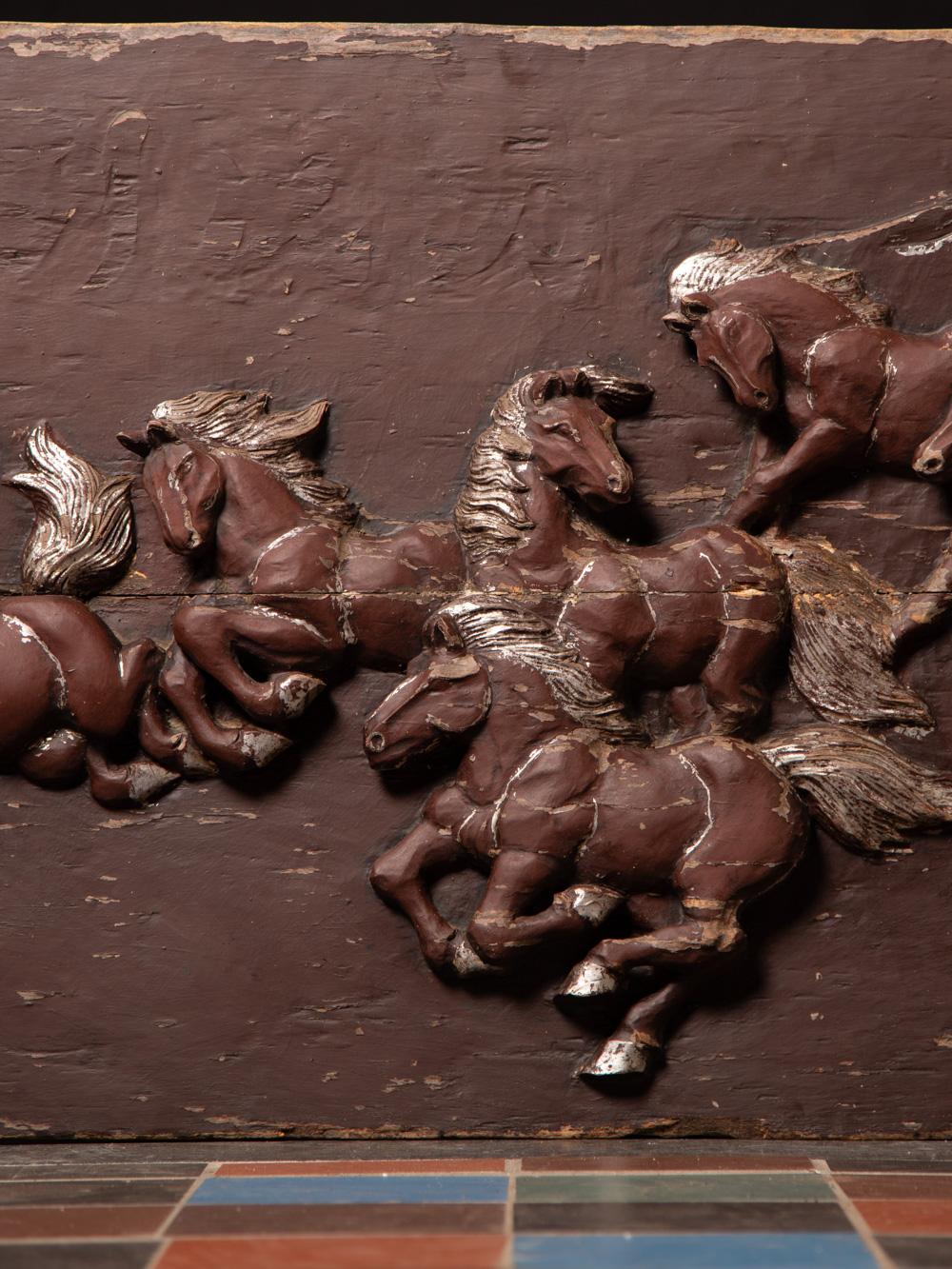 Burmese Late 19th / early 20th century Antique wooden Panel, horses in Feng Shui style For Sale