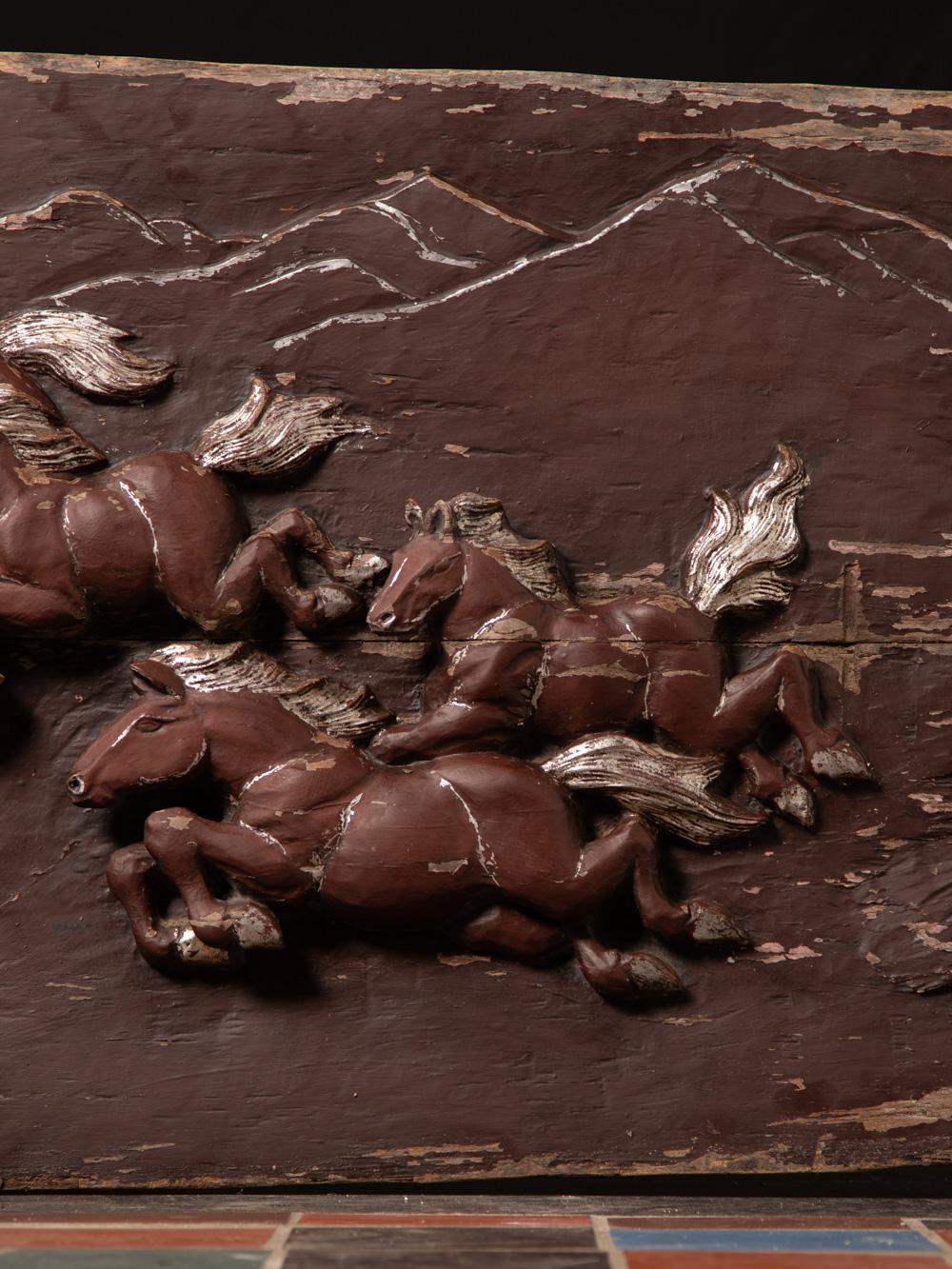 19th Century Late 19th / early 20th century Antique wooden Panel, horses in Feng Shui style For Sale