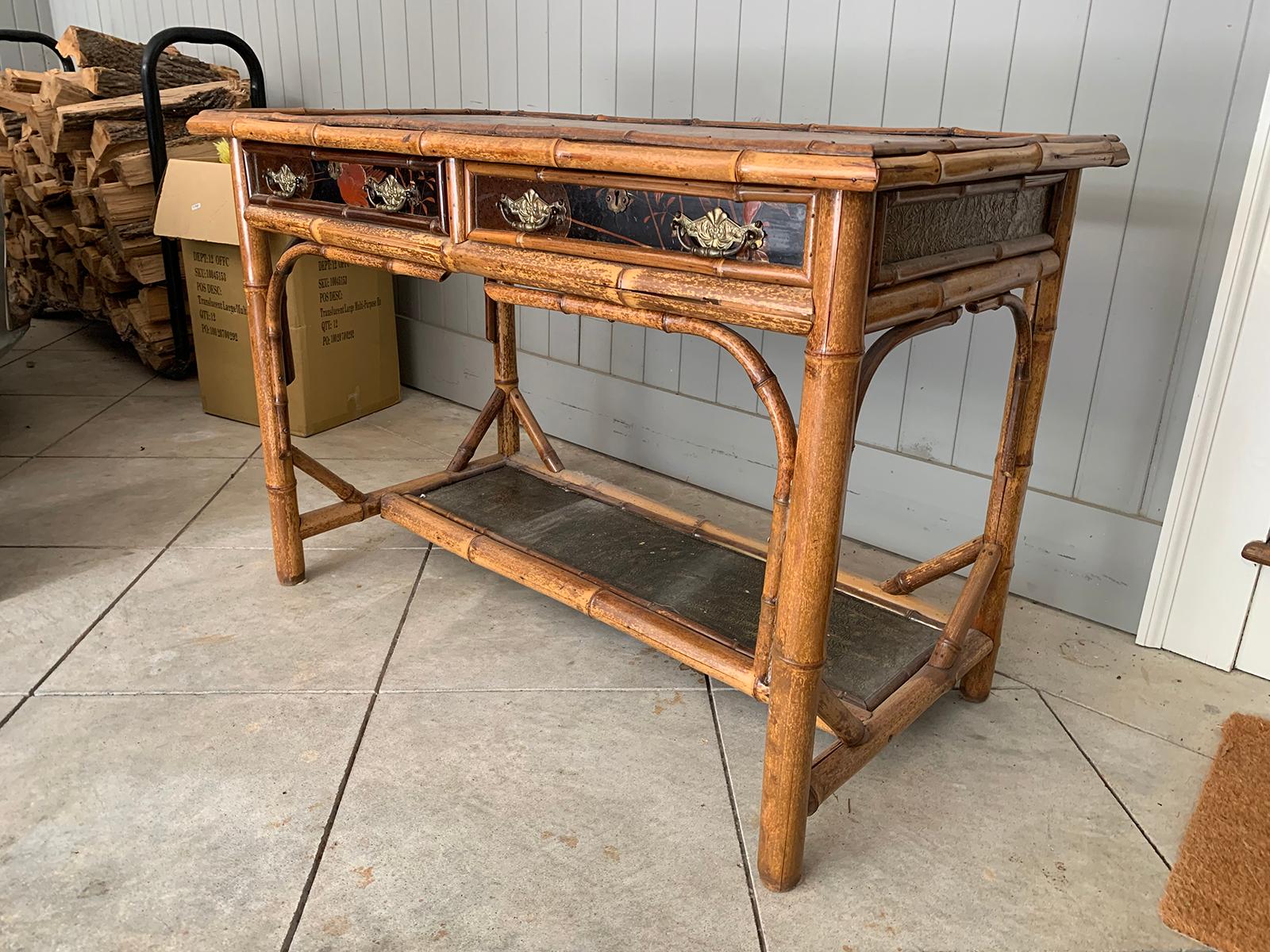 Late 19th-Early 20th Century Bamboo Desk with Leather Top 1