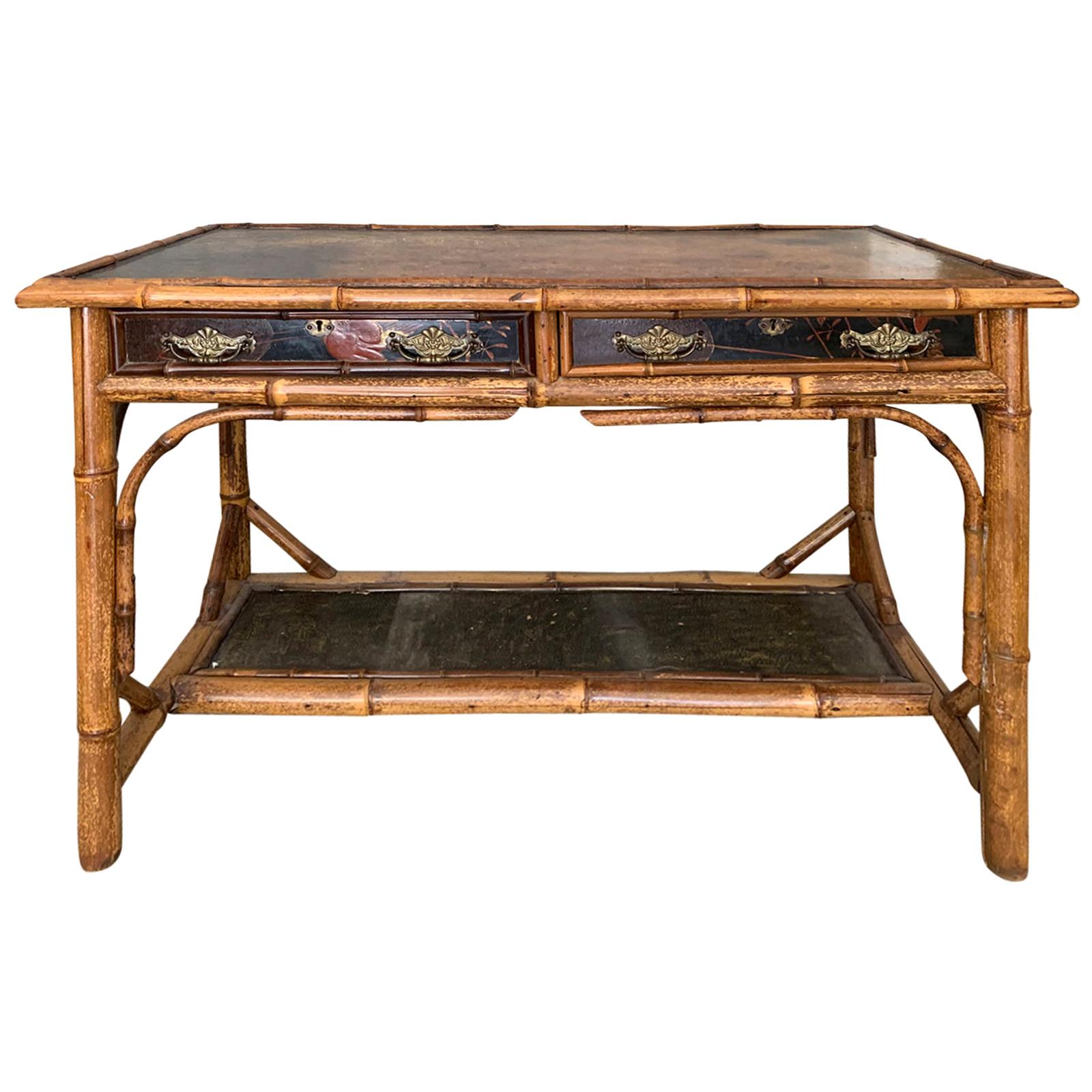 Late 19th-Early 20th Century Bamboo Desk with Leather Top