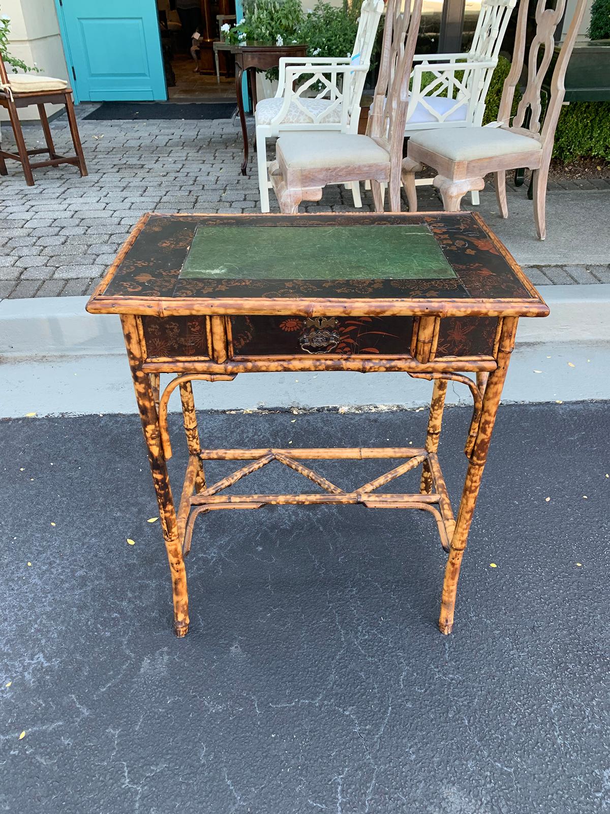 Late 19th-Early 20th Century Bamboo Table with Drawer, Leather Top, circa 1900 8