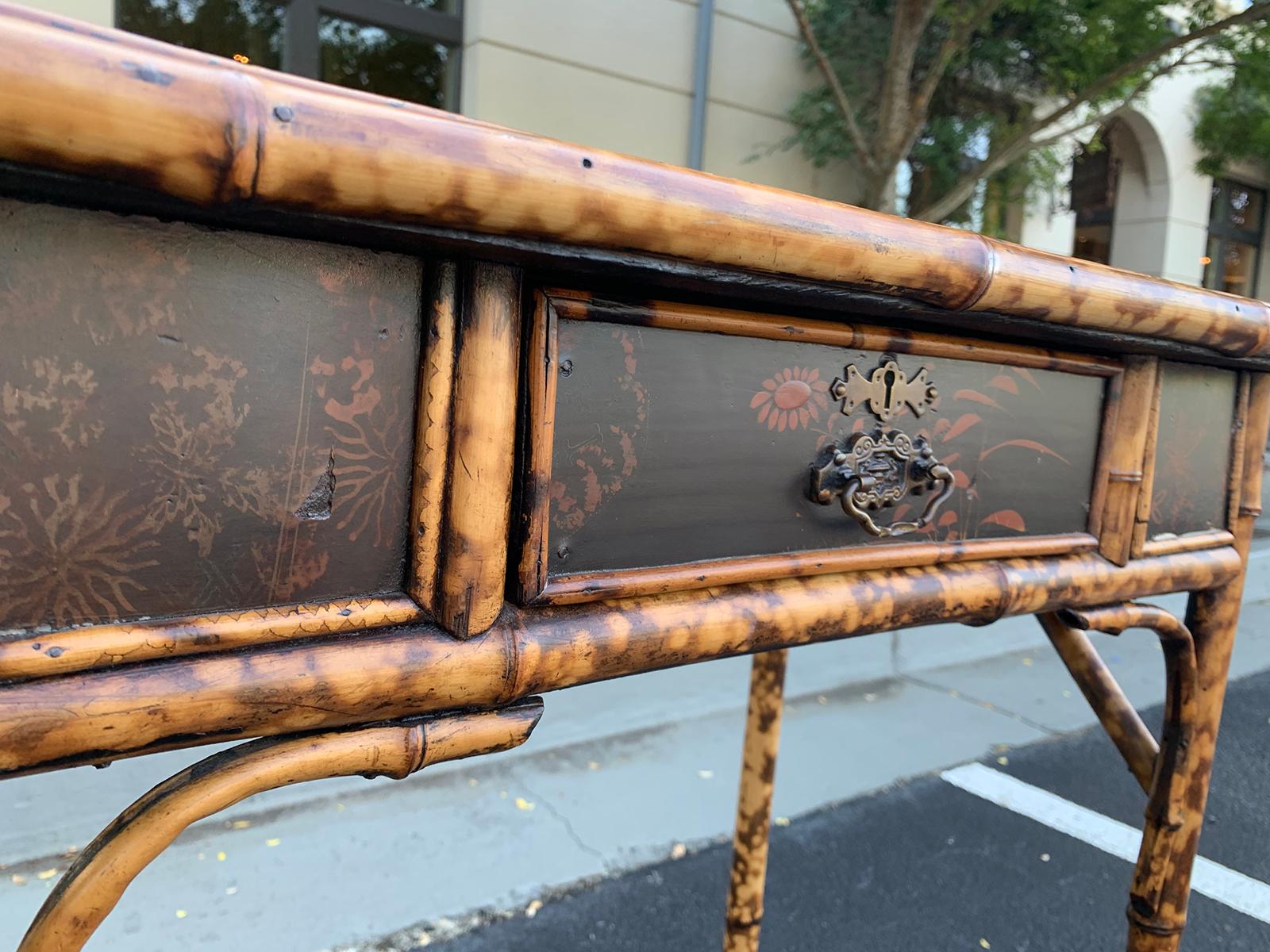 Late 19th-Early 20th Century Bamboo Table with Drawer, Leather Top, circa 1900 15