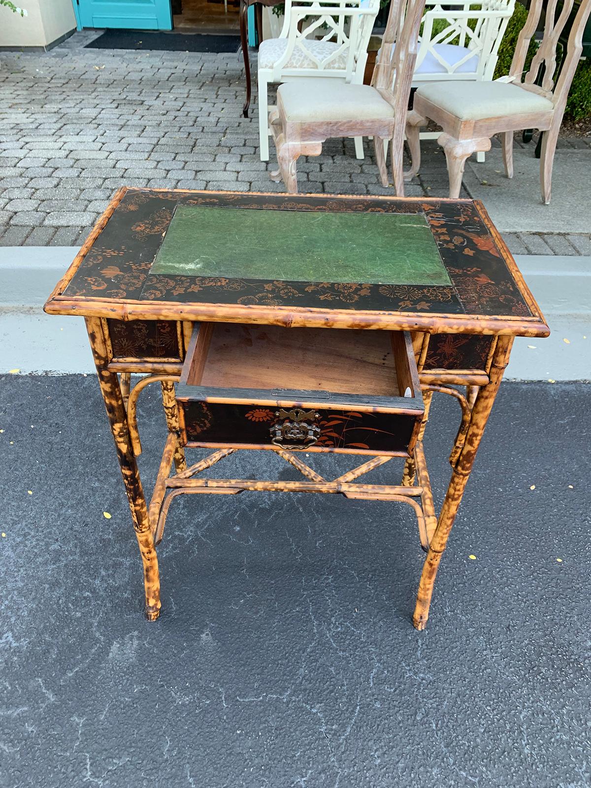 Late 19th-Early 20th Century Bamboo Table with Drawer, Leather Top, circa 1900 In Good Condition In Atlanta, GA
