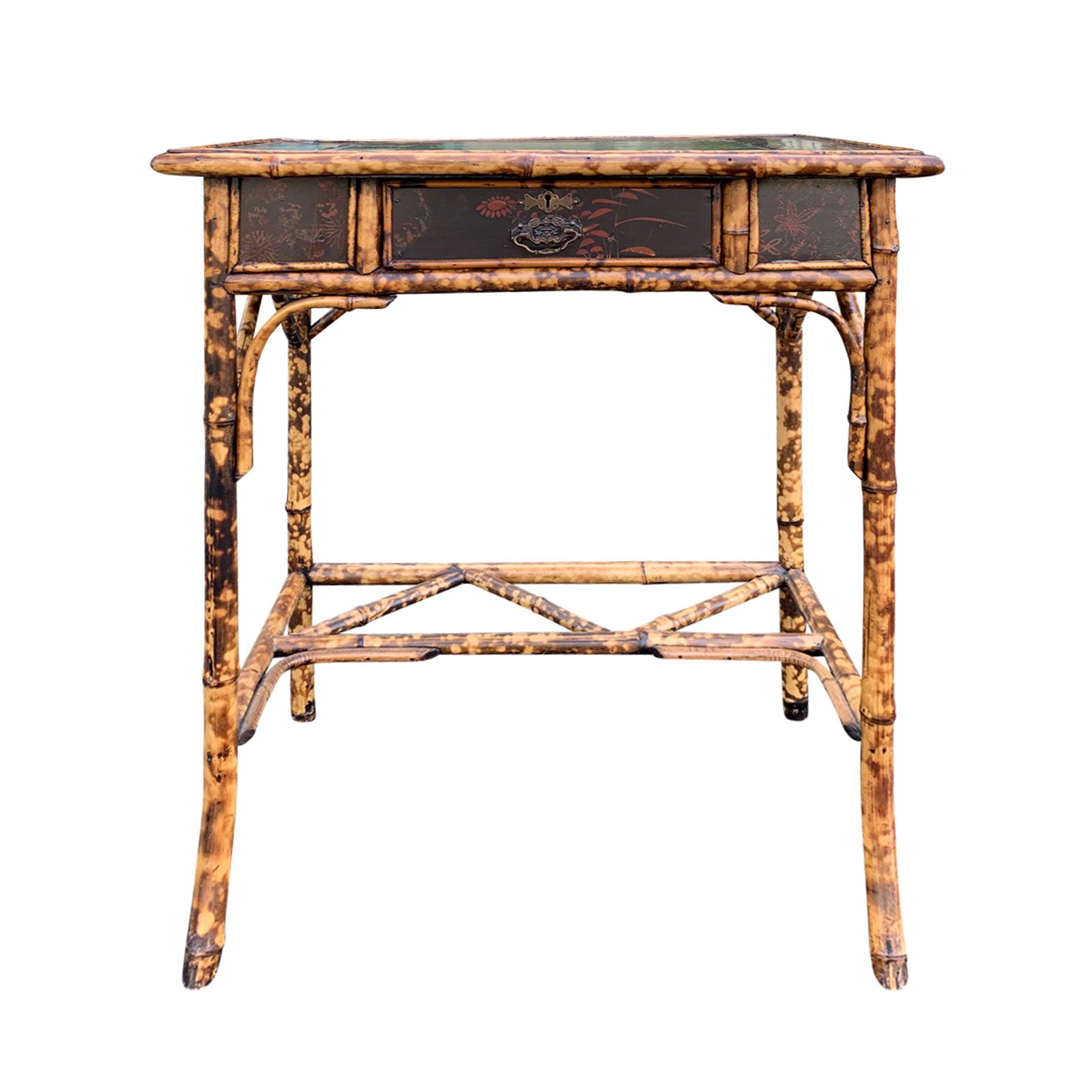 Late 19th-Early 20th Century Bamboo Table with Drawer, Leather Top, circa 1900