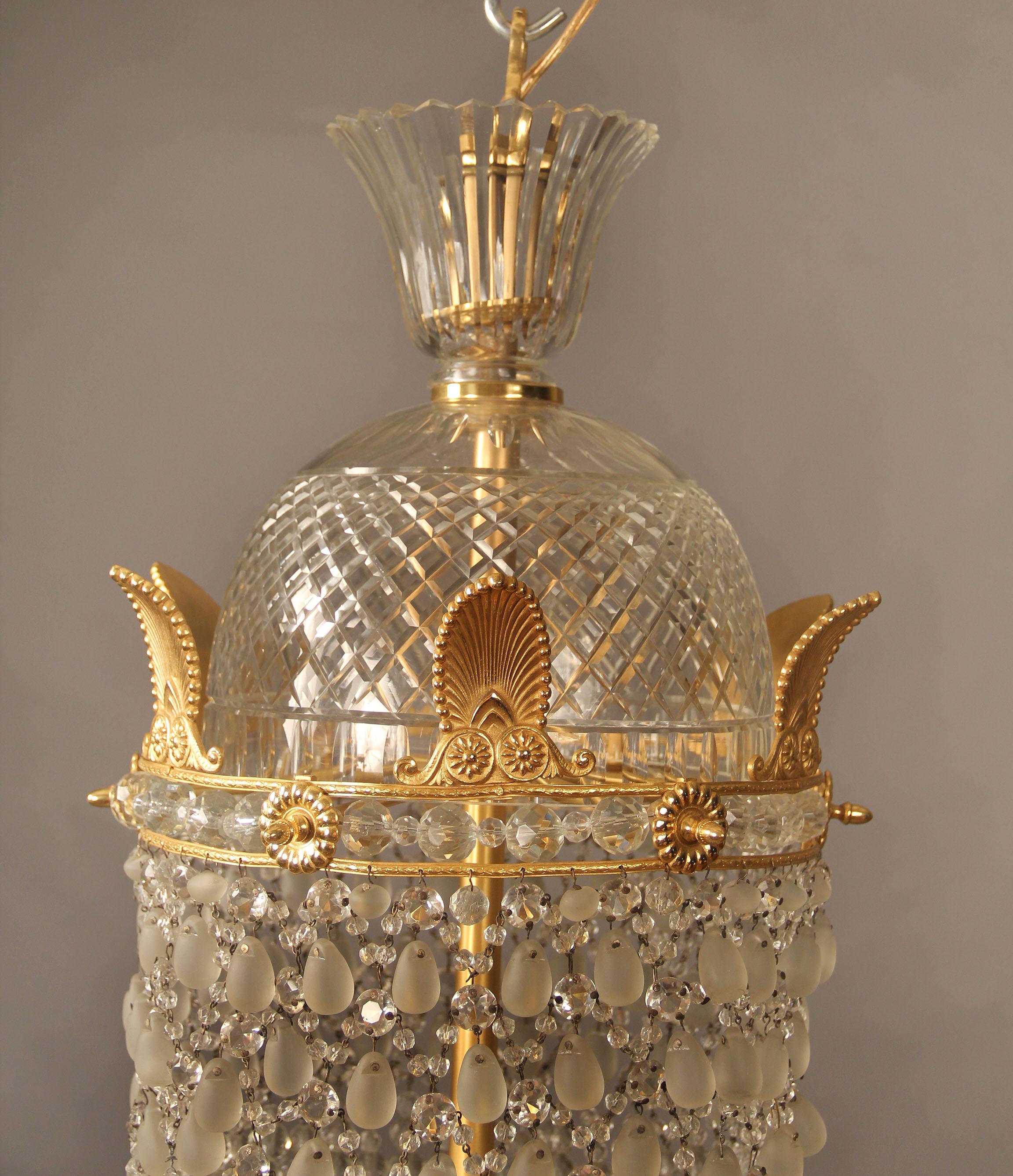 Belle Époque Late 19th/Early 20th Century Bronze and Beaded Empire Style Basket Chandelier For Sale