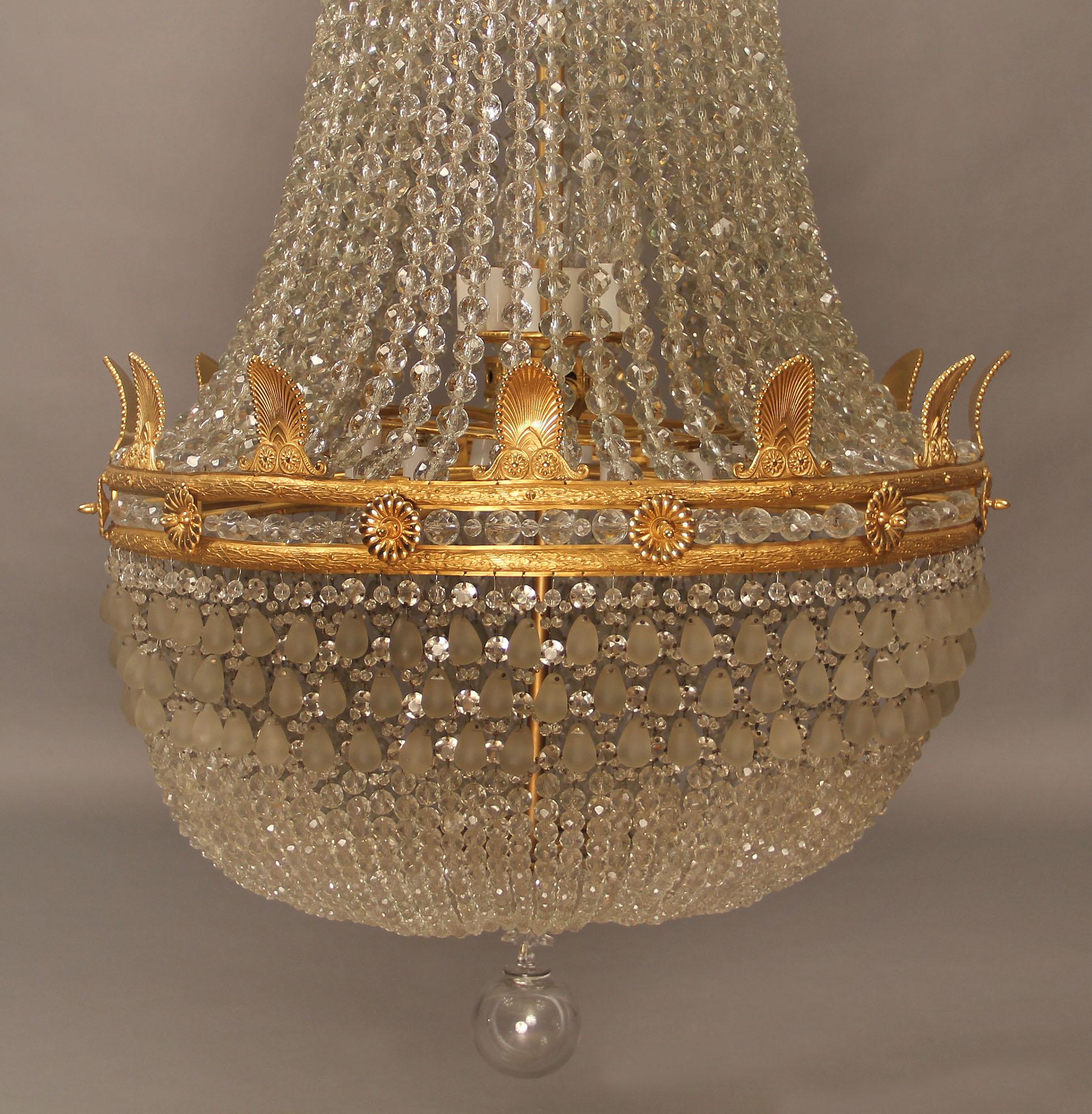 Gilt Late 19th/Early 20th Century Bronze and Beaded Empire Style Basket Chandelier For Sale