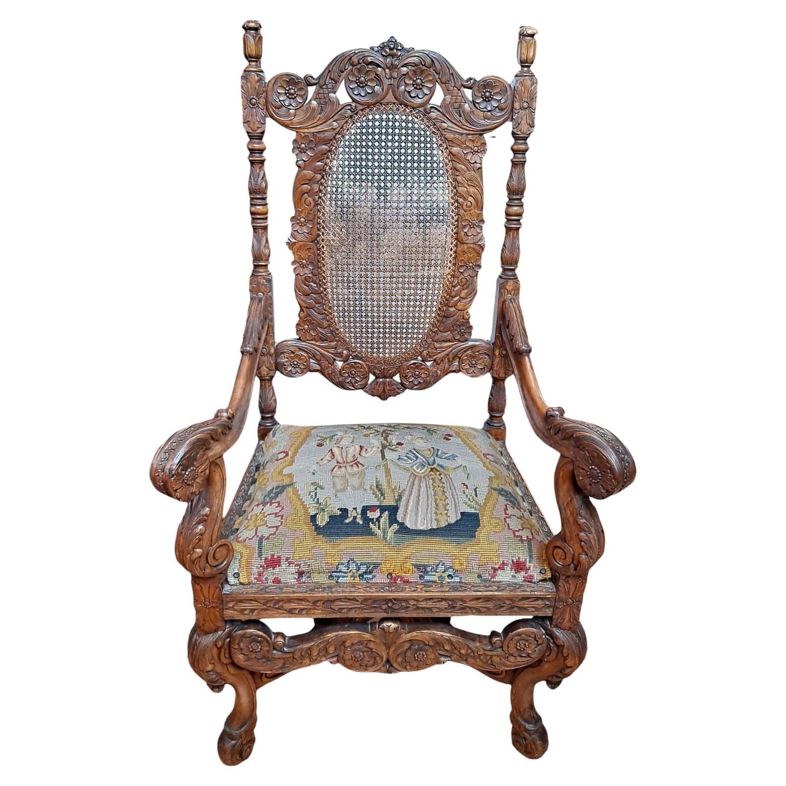 Late 19th - Early 20th Century Carved Walnut Throne Armchair 