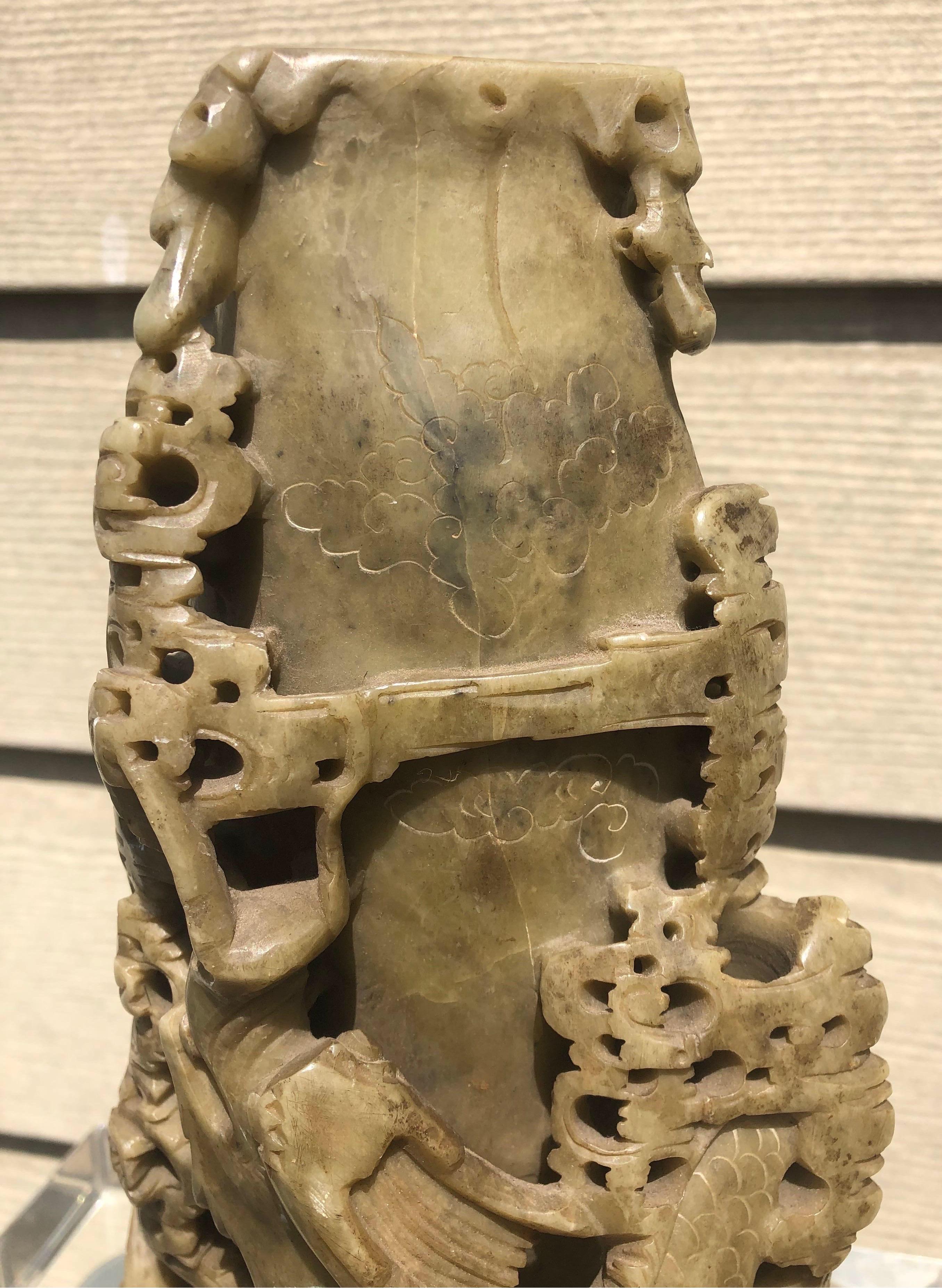Late 19th-early 20th century Chinese carved soapstone vase with dragons.