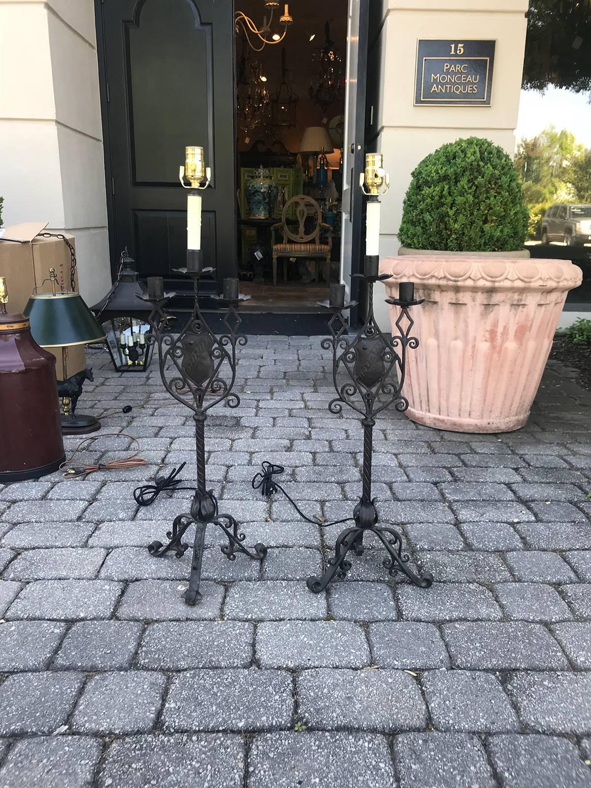 19th Century Late 19th-Early 20th Century Continental Iron Candelabras as Lamps For Sale