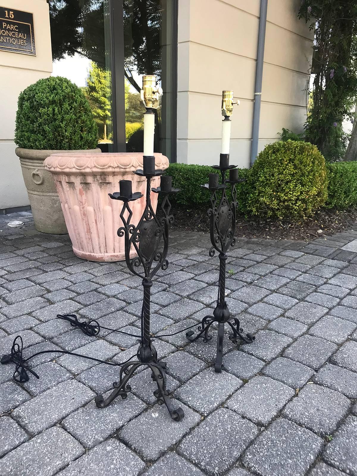 Late 19th-Early 20th Century Continental Iron Candelabras as Lamps For Sale 1