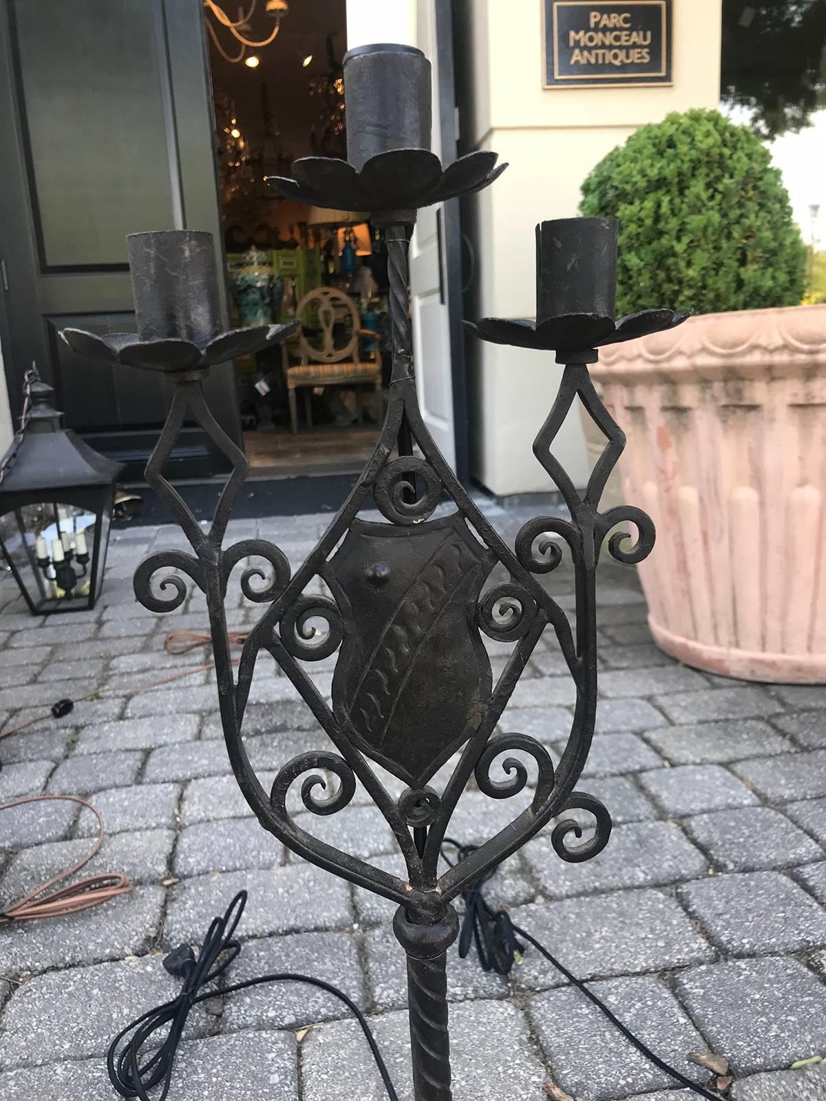 Late 19th-Early 20th Century Continental Iron Candelabras as Lamps For Sale 2