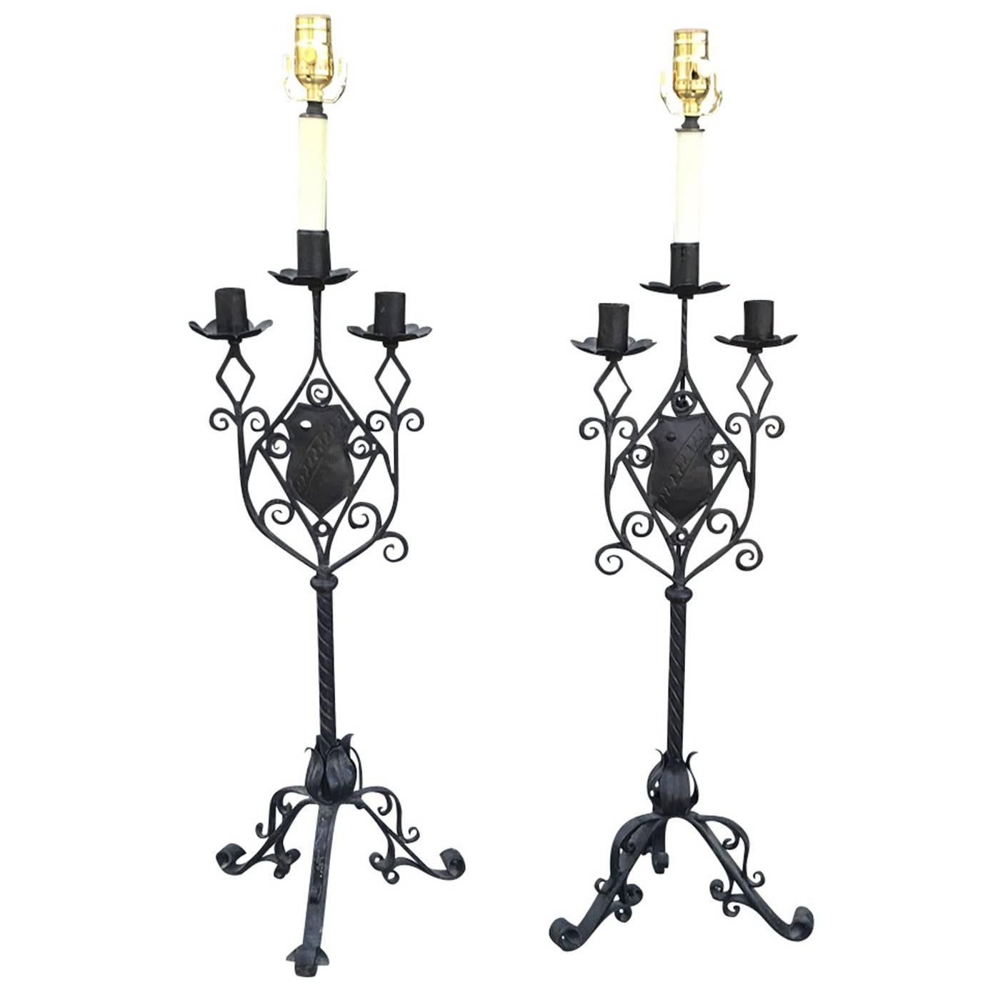 Late 19th-Early 20th Century Continental Iron Candelabras as Lamps For Sale