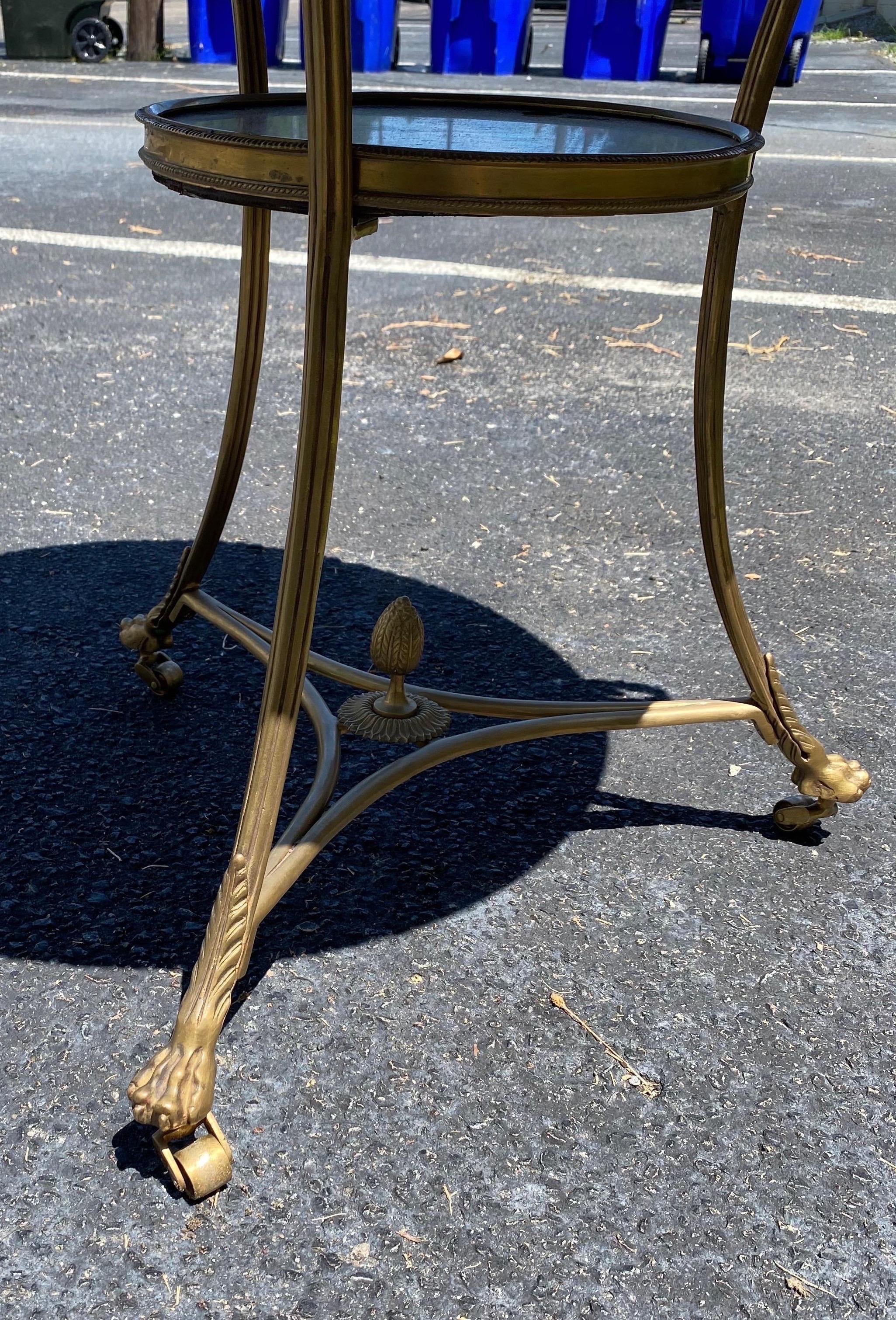 Great, high quality late 19th-early 20th century Directoire style bronze gueridon with black polished granite top, paw feet and bronze castors.