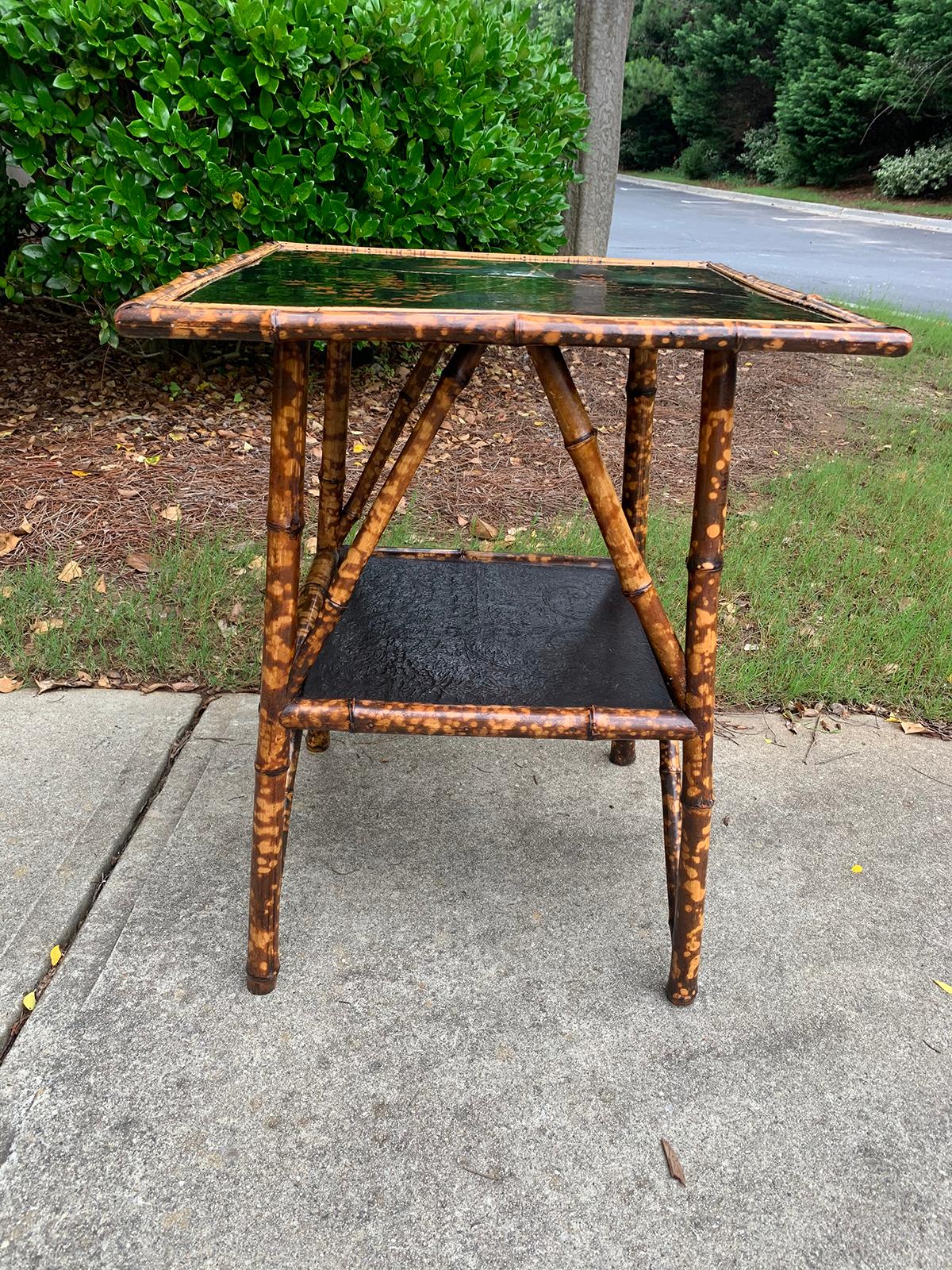 Late 19th-early 20th century English bamboo and lacquered chinoiserie two-tier square side table.