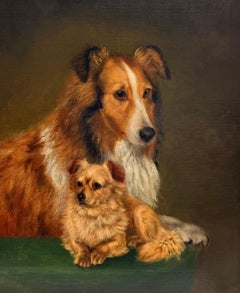 Fine Antique English Dog Painting Portrait of Collie & Long Haired Chihuahua Dog