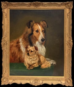 Fine Antique English Dog Painting Portrait of Collie & Long Haired Chihuahua Dog