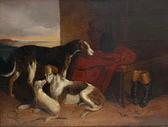 Fine Large Antique Sporting Oil Painting English Hunting Dogs Stable Interior