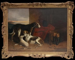 Fine Large Antique Sporting Oil Painting English Hunting Dogs Stable Interior